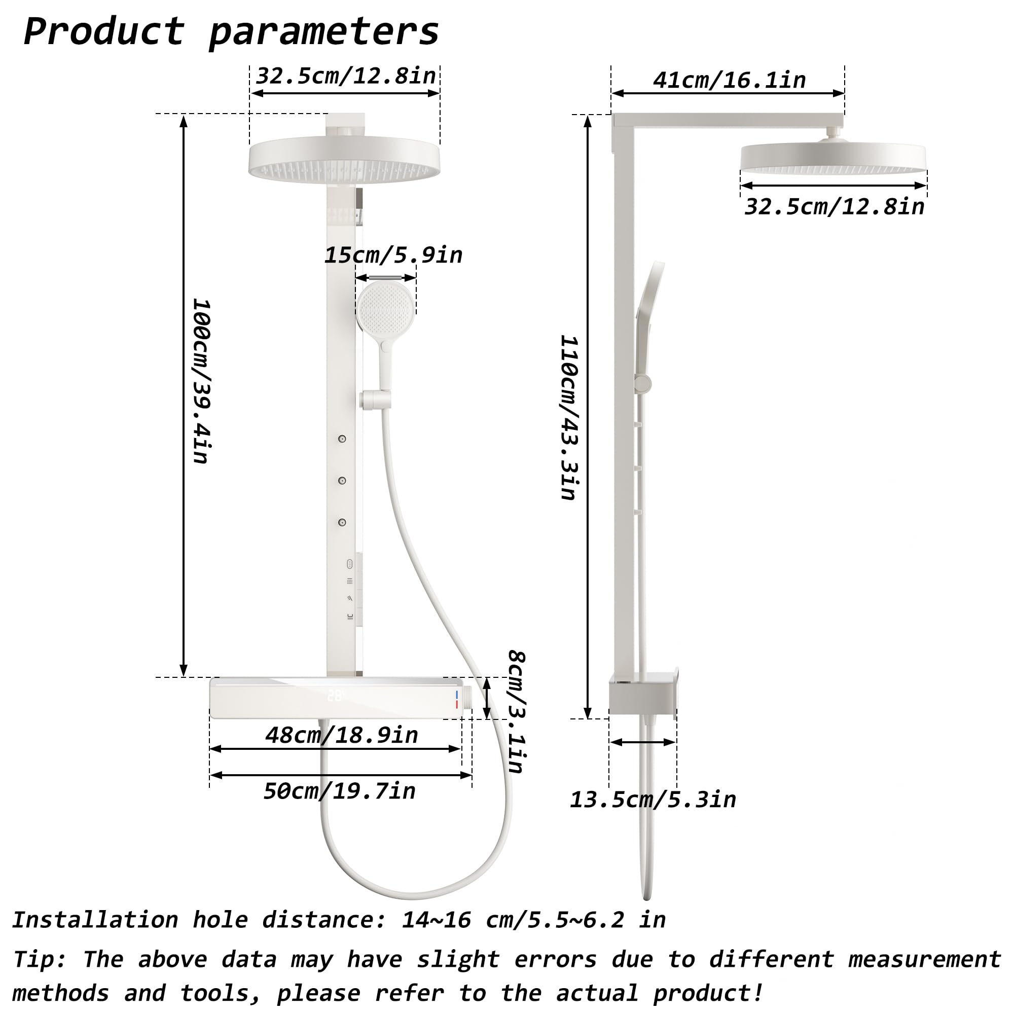 33272 - Sistema doccia a parete, soffione a pioggia da 32 cm, 4 modalità, 48 cm, display digitale della temperatura, perfetto per la ristrutturazione del bagno (bianco latte)