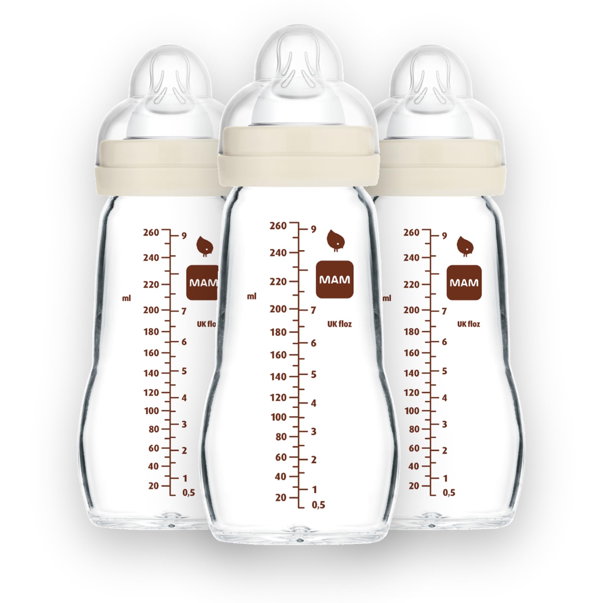 MAMFeel Good Medium Flow Premium Glass Bottle, Easy Switch Between Breast and Bottle, 9oz, 0+ Months, Unisex, 3 Pack