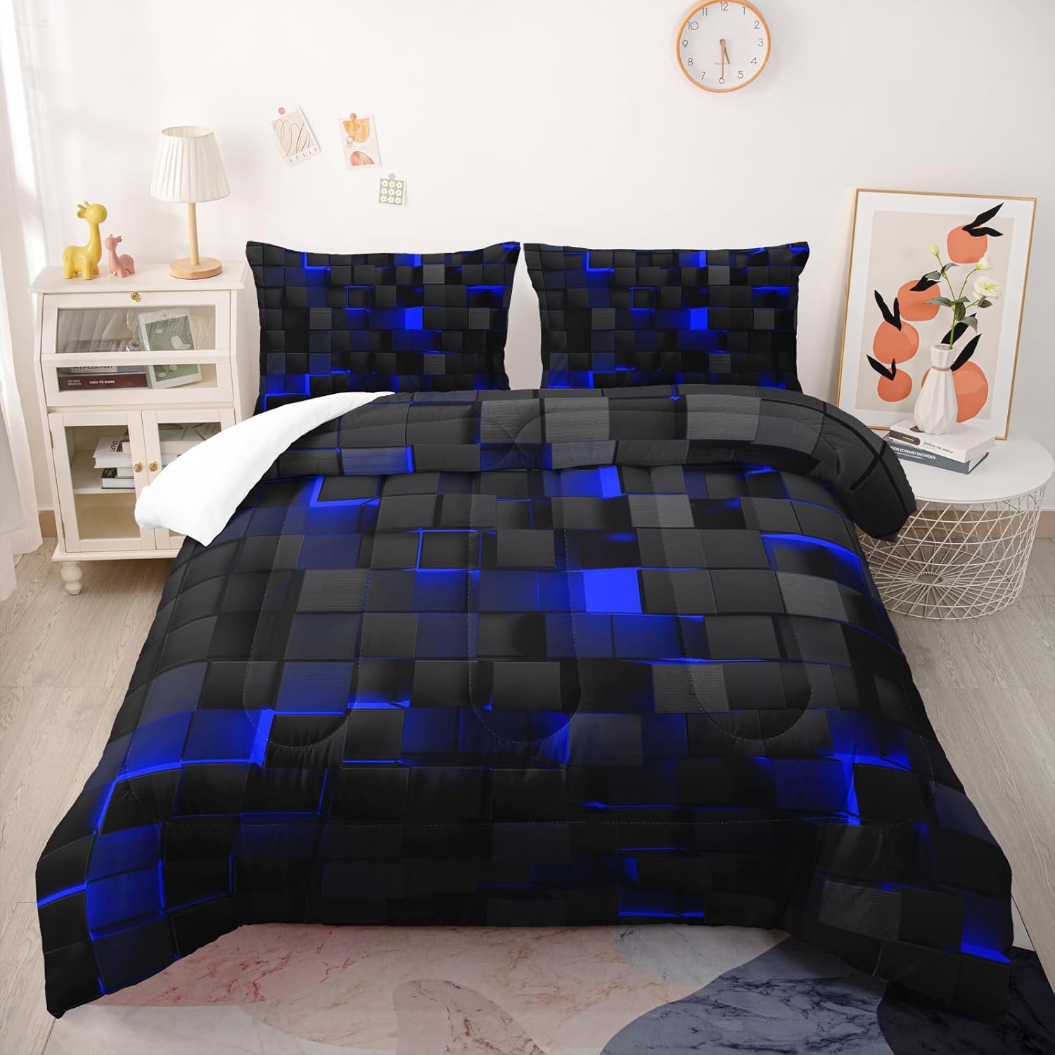 Geometric Blue Black Comforter Set,Light Honeycomb 3 Piece Bedding Set Full Size for Teen Boys,Modern Quilt Set Geometry Decor,Microfiber Lightweight 1 Comforter 2 Pillowcases All Season - Image 2