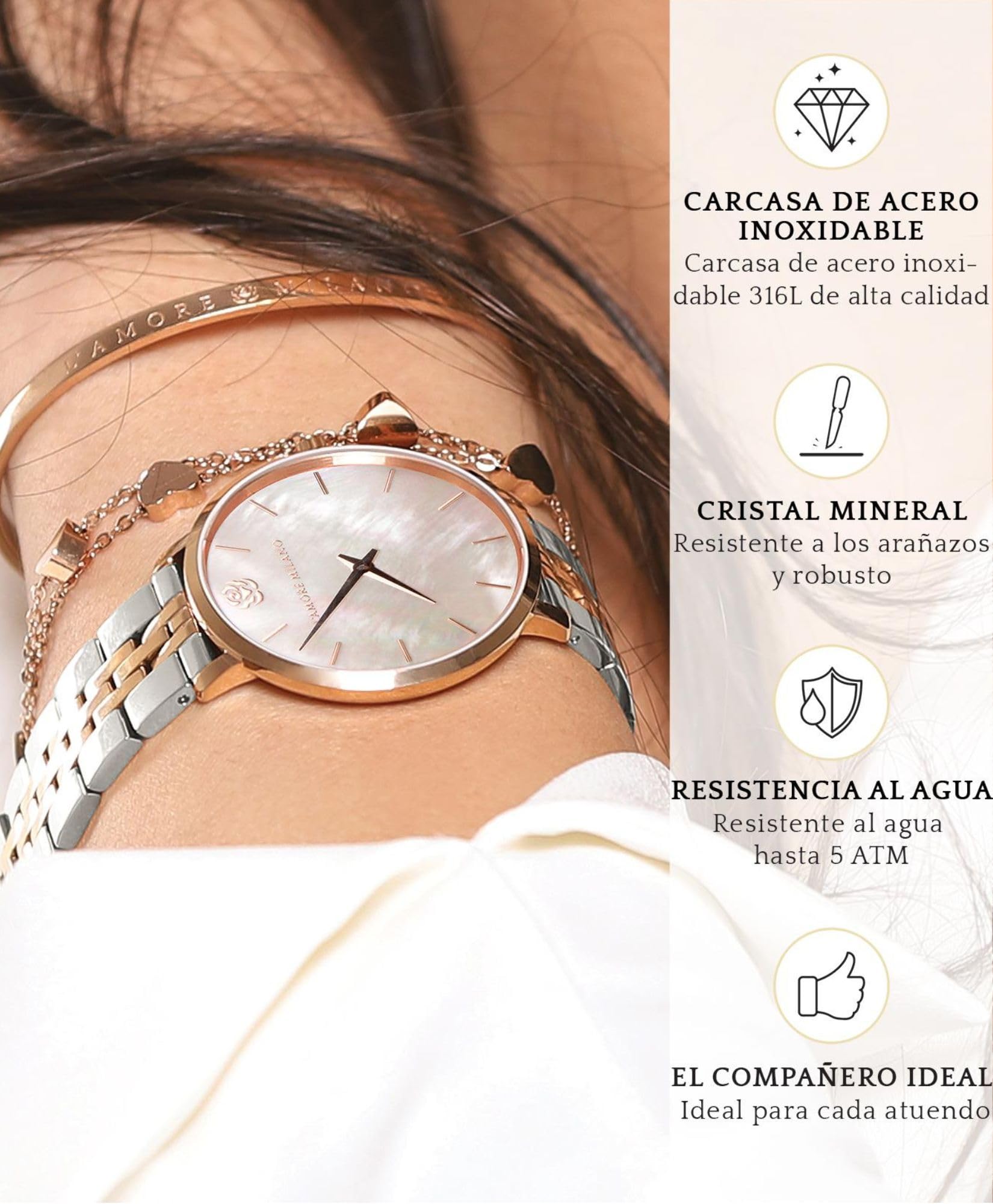 L'AMORE MILANO Reloj Mujer en Caja Rosa - Reloj de Pulsera Delgado Acero Inoxidable, Resistente al Agua 5 ATM - Regalo para Mujer, Novia, Madre - Reloj Noble 36 mm