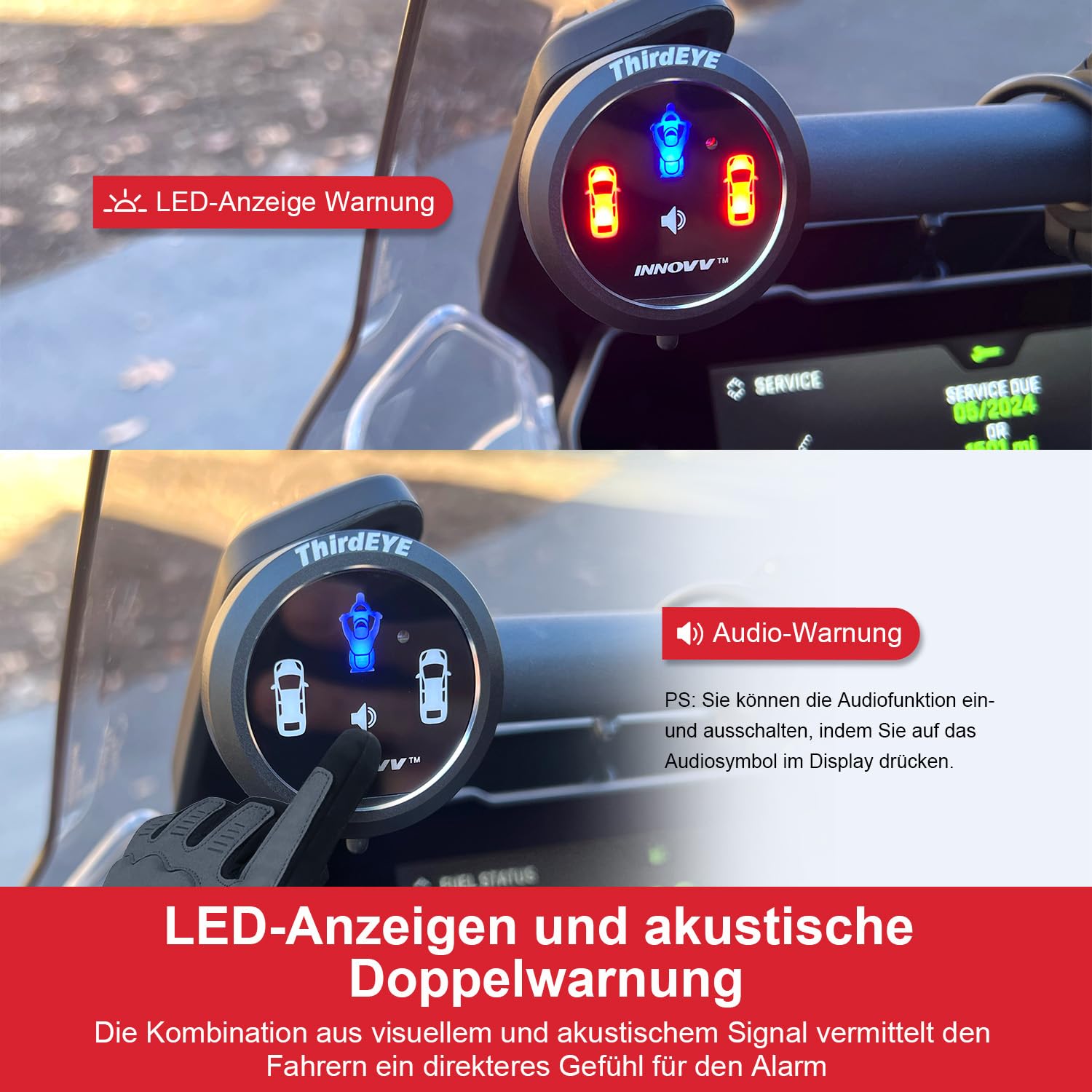 INNOVV ThirdEye Motorrad Toter-Winkel Assistent mit ak, und opt, Alarm, Wasserdichtes Motorrad Assistenzsystem erkennt Gefahren von der Seite und Hinten, Für Motorräder, E-Bike (Version ansehen)