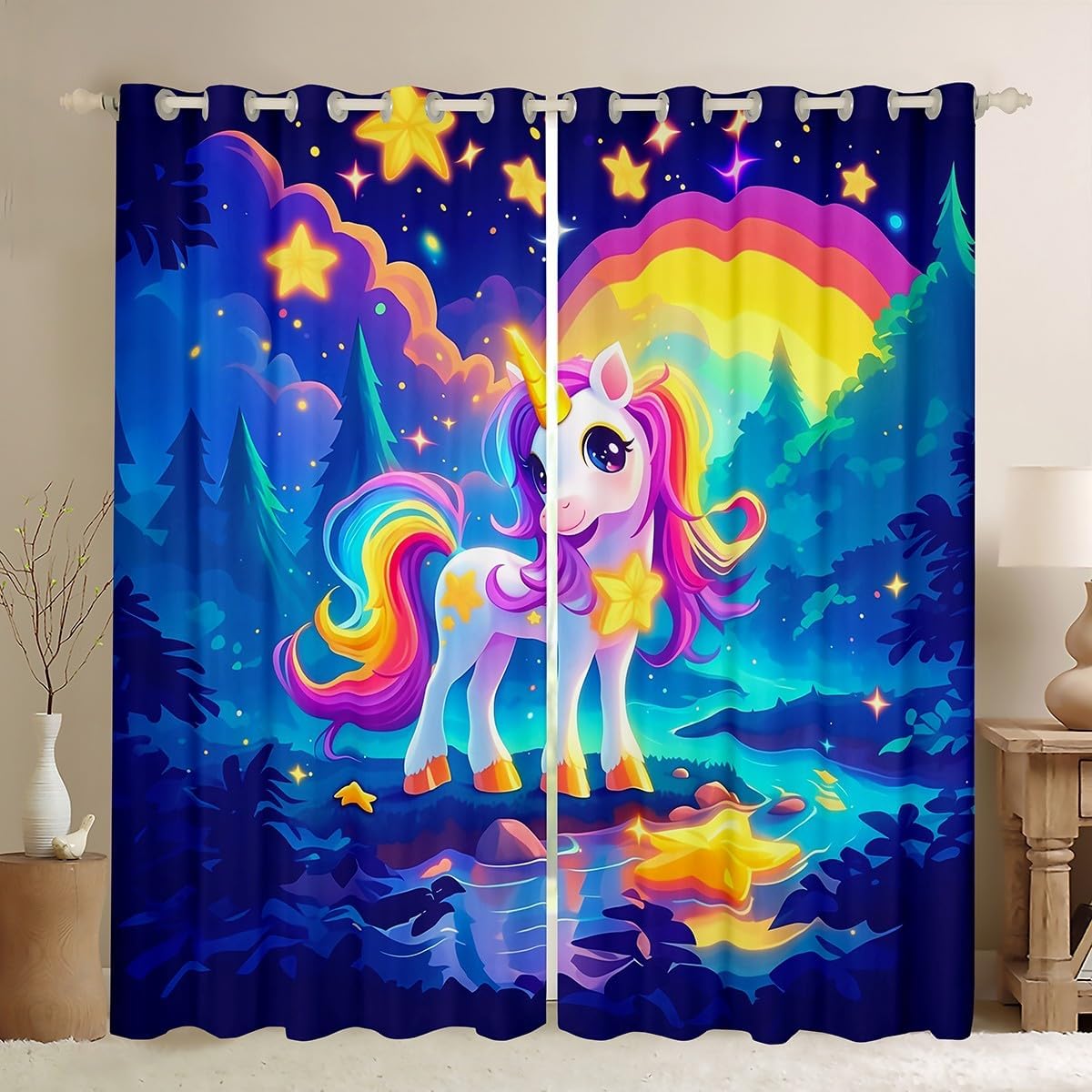 Manfei Kawaii Unicorn Kids Blackout Curtain,Moonnight Rainbow Starry Sky Window Drapes for Girls Women,Jungle Unicorn Cartoon Animal Blue White Window Treatments Grommet Top 2 Panel Set,52Wx63L inch
