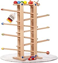 Sturdy marble run XL made of natural wood, 7 cute mobiles such as car, flower, casper, ball, large marble run for children, race track for baby and toddler, motor skills toy