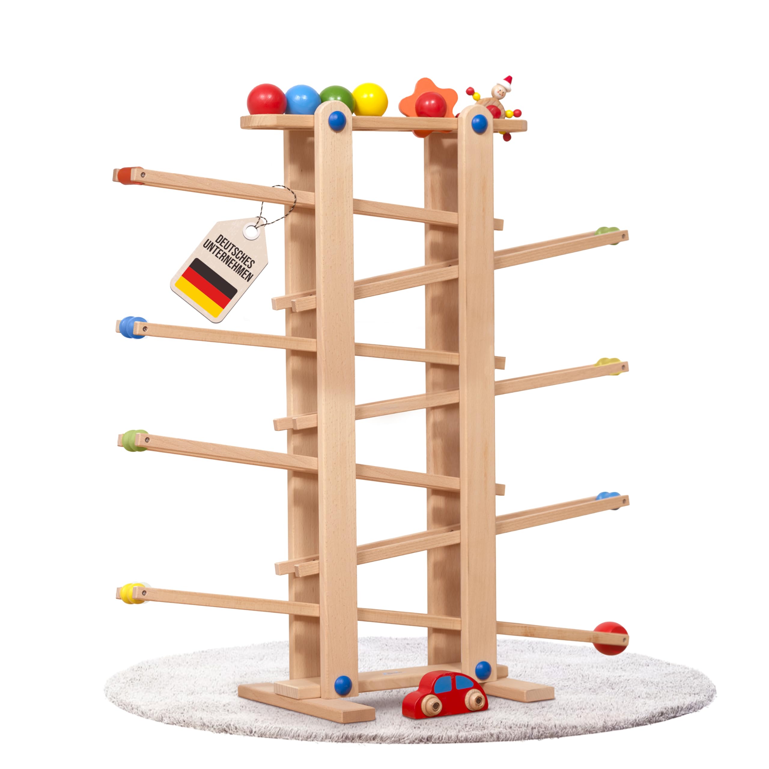 Coemo Stabile Kugelbahn XL aus Holz, Natur, 7 niedliche Mobile wie Auto | Blume, Kasper, große Murmelbahn für Kinder, Rennbahn für Baby und Kleinkind, Motorikspielzeug, Hochwertiges Buchenholz