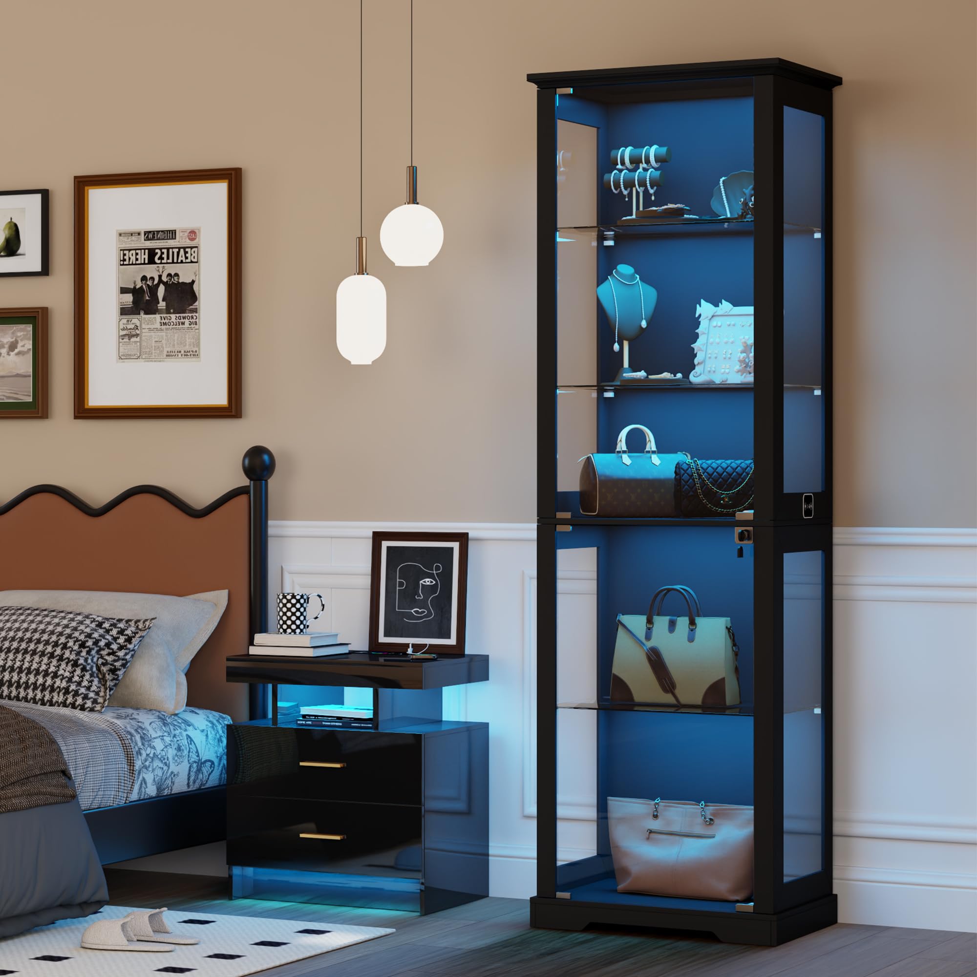 Lvifur Vitrina de cristal de 5 capas de 180 cm, con iluminación LED y puertas de cristal, color negro | Vitrina con sensor inteligente para coleccionables