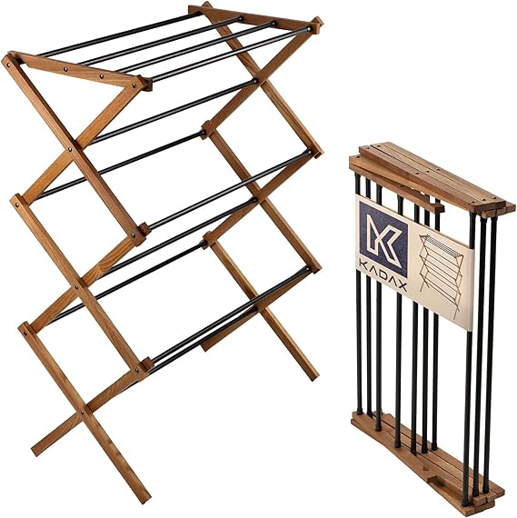KADAX Wooden Standing Dryer, Folding Tower Clothes Airer with 11 Steel