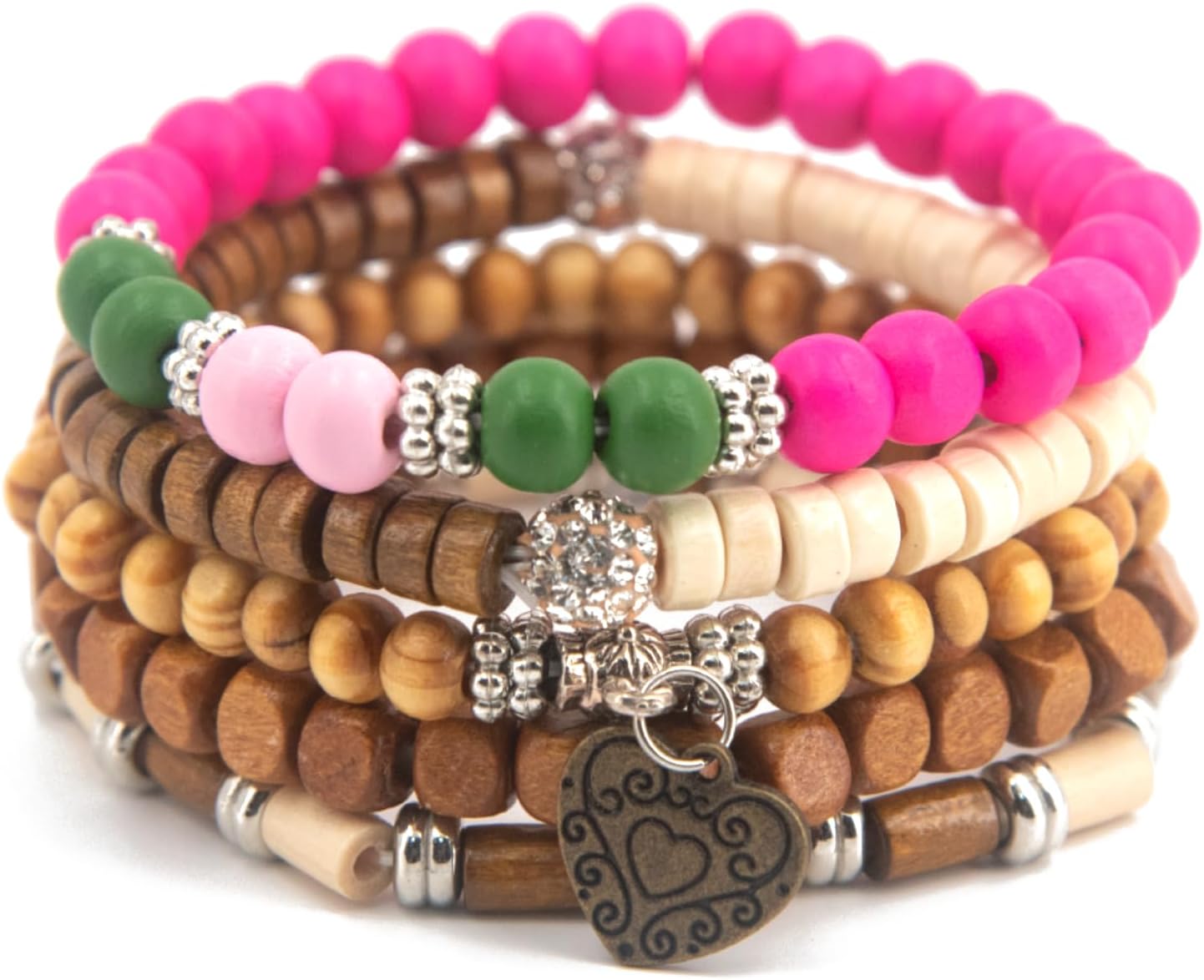 5 Pcs Set of Wooden Beaded Bracelets - Unisex, Multi-Color, Rustic Vintage Fashion Jewelry Accessory for Men and Women - Perfect for Daily Wear, Gift-Giving, Christmas Gifts