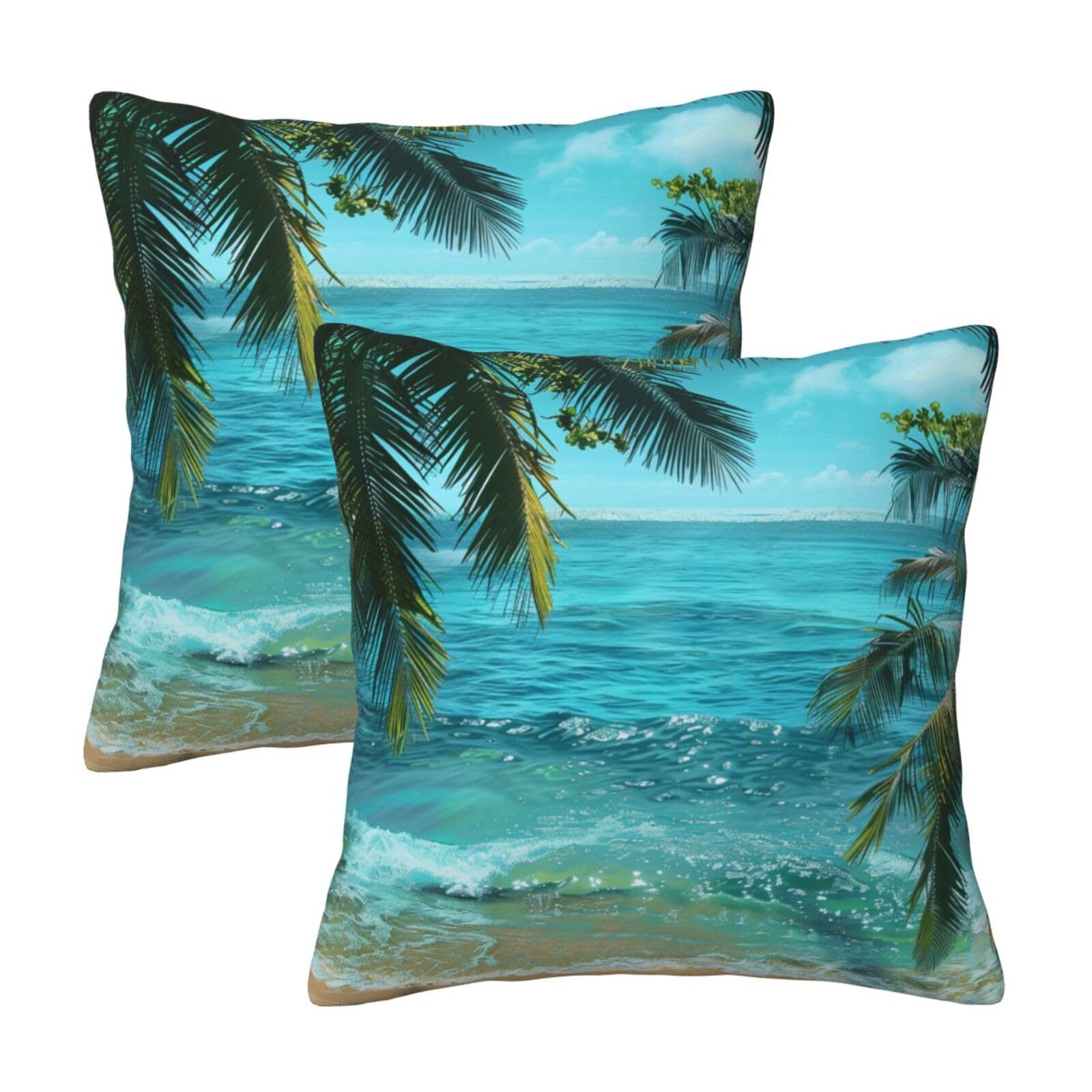 Sea Beach Palm Leaves Throw Pillow Cases 2 Pack Square Pillowcases Soft Pillow Protectors for Couch Livingroom Sofa Bed Office Car,30x30 CM