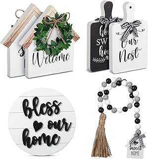 4 Pieces Farmhouse Decor Farmhouse Tiered Tray Decor Set Including House Farmhouse Sign Wooden Small Decor Items Plaid Wood Bead Garland for Home Decor (Simple Style)
