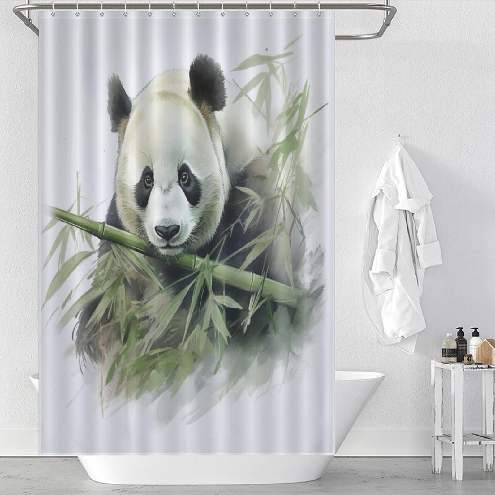 Rideau de douche tissu polyester lavable et imperméable motif panda avec 12 crochets