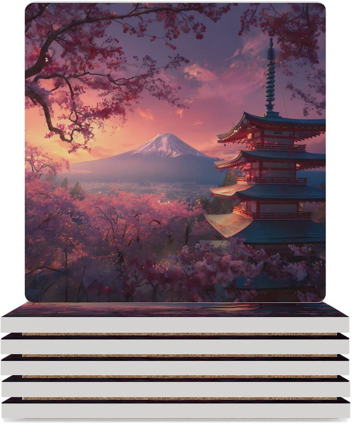 Japan Chureito Pagoda Mt Fuji Coaster for Drinks Square Ceramic Table Coasters Stone Mat Crafts 6PCS Home Kitchen Decor