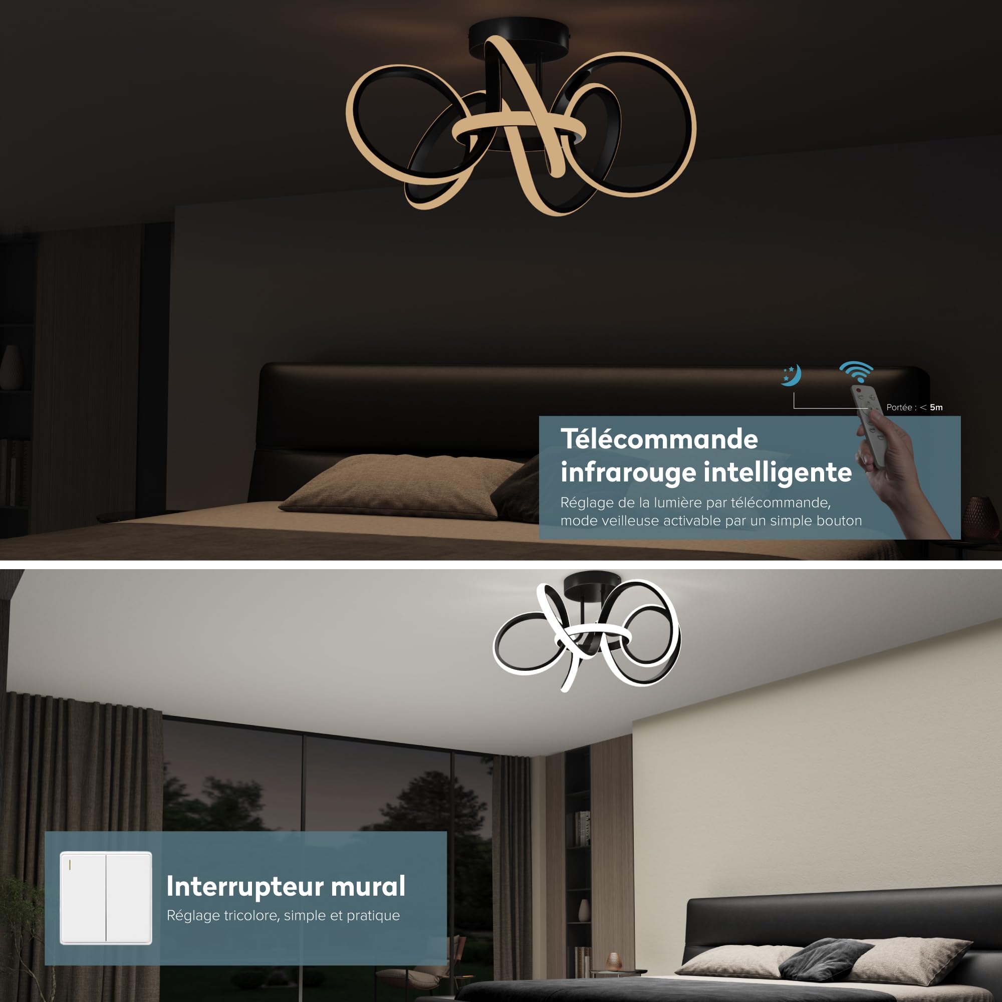 doporro Plafonnier LED Dimmable Lampe Plafond Noir 65W 3740LM Éclairage de Plafond Luminaires Intérieur Couloir Salle de Bain Cuisine 3000K-6400K avec Télécommande Alivetta25035