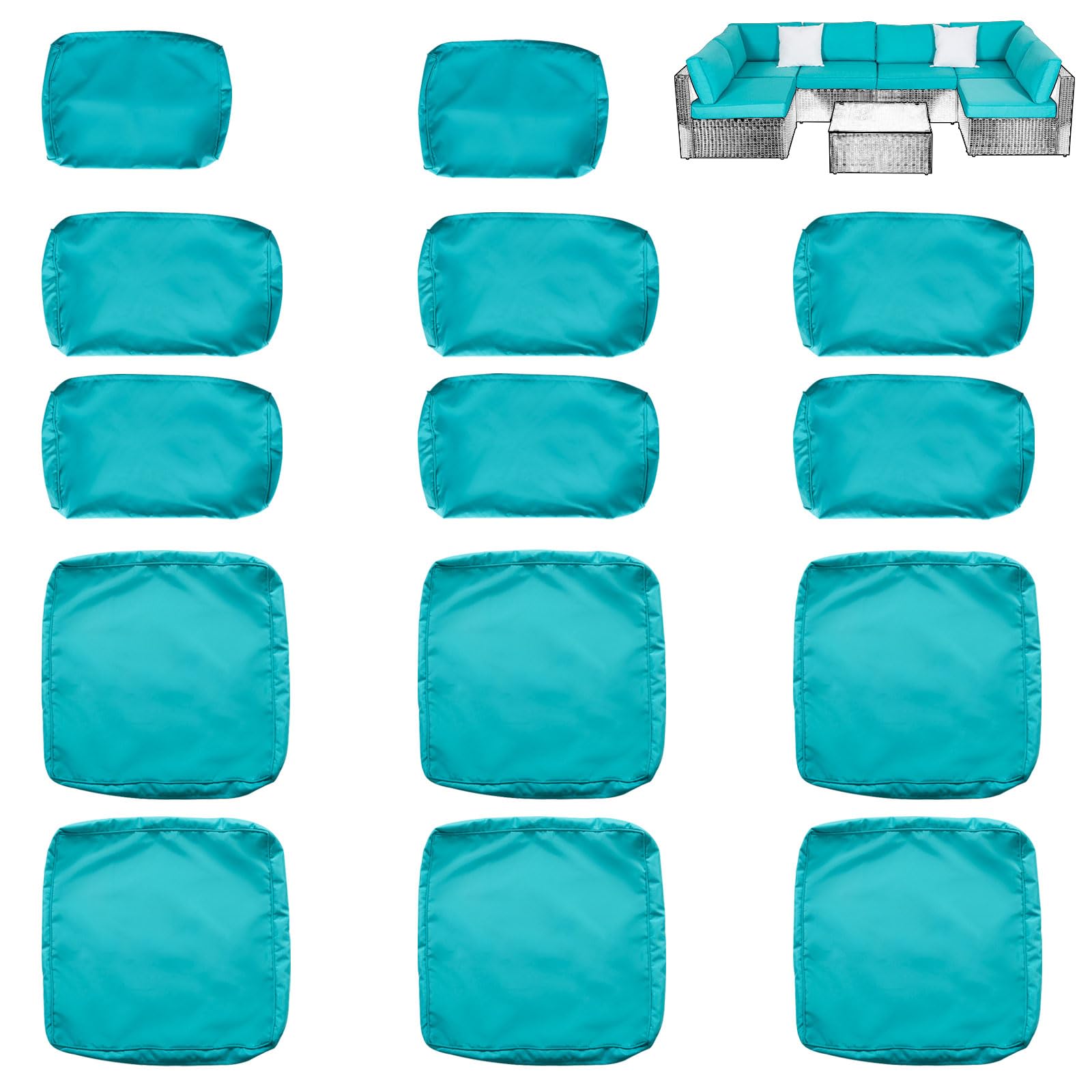 Kinpaw 14 Pack Patio Cushion Covers, 100% Polyester Fabric Cushions Slipcover Replacement with Zipper, Fit for Outdoor Rattan Furniture Conversation Sectional Sofa Set, UV-resistant, Fadeless, Blue