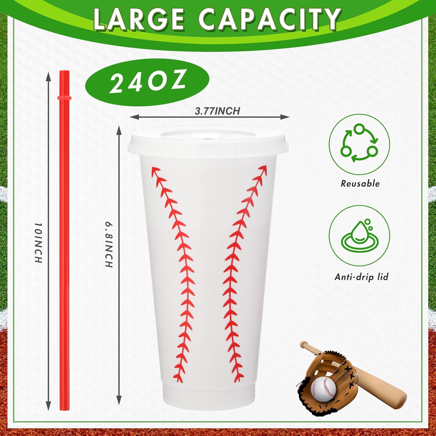 Domensi 24 Pcs Plastic Cups with Lid Straw 24 oz Reusable Tumbler Water Bottle Coffee Mug for Team Employee Students Birthday Party Favors Supplies(Baseball) - Image 2