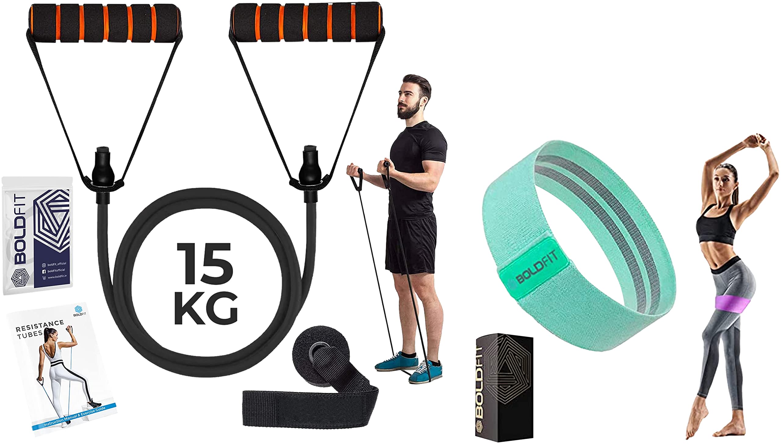 Boldfit Resistance Tube with Foam Handles, Door Anchor for Exercise -15kg-Black & Boldfit Fabric Resistance Band (Green (Light)) (B0BB6P9JYV) Amazon Price History, Amazon Price Tracker