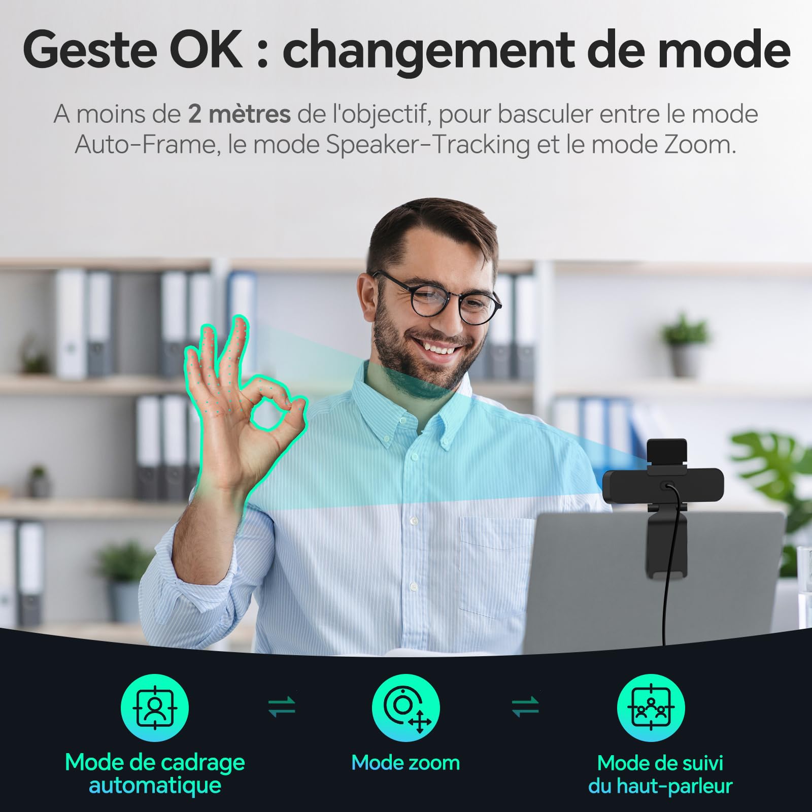 NewlineWork Webcam PC 4k avec Microphone antibruit, 3 Modes AI et 2 contrôles gestuels, Champ de Vision Multiple, USB 4k caméra pour PC Mac Laptop, vidéoconférence, Streaming