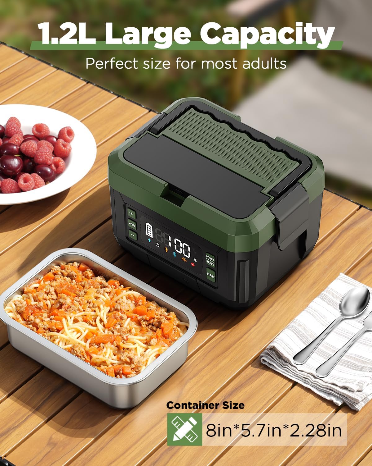Battery Powered Heated Lunch Box - 20000mAh Cordless Electric Lunch Box for Adults, 1.2L Stainless Steel Self-Heating Food Warmer with Removable Battery, Portable for Work, Office, & Travel - Image 3