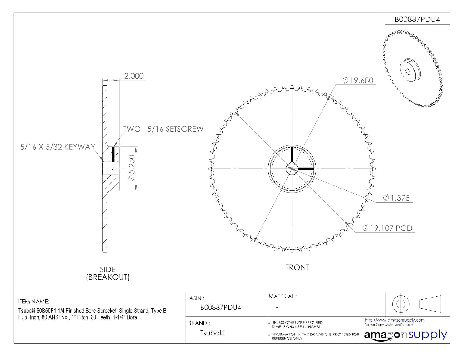 Tsubaki 80B60F-1D Finished Bore Sprocket, Single Strand, Inch, #80 ANSI No., 1" Pitch, 60 Teeth, 1-1/4" Bore