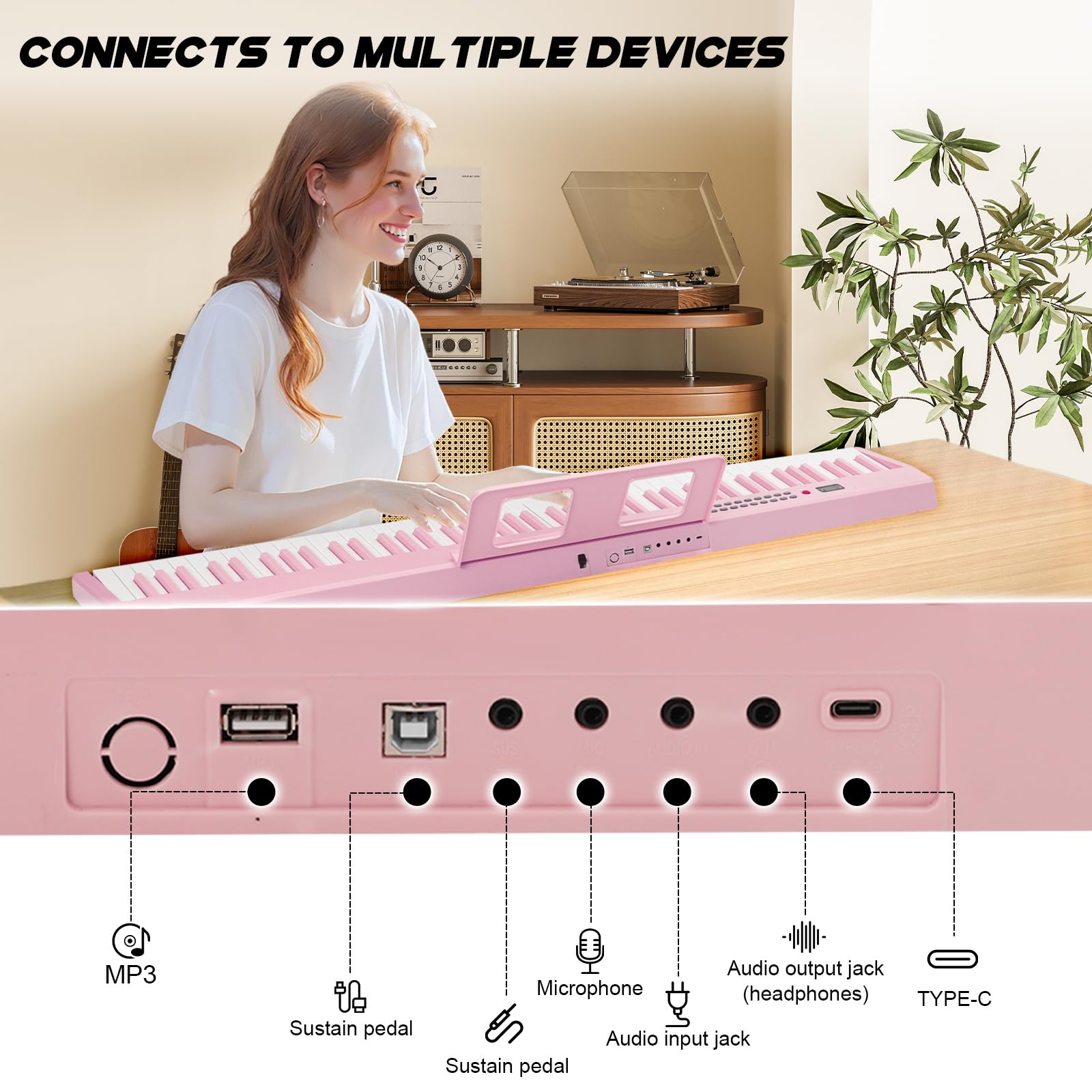Tastiera per pianoforte a 88 tasti, pieghevole, portatile, con tasti illuminati, pedale professionale, Bluetooth, cuffie, MIDI, 200 suoni, 80 canzoni demo, modalità lezione per principianti, rosa