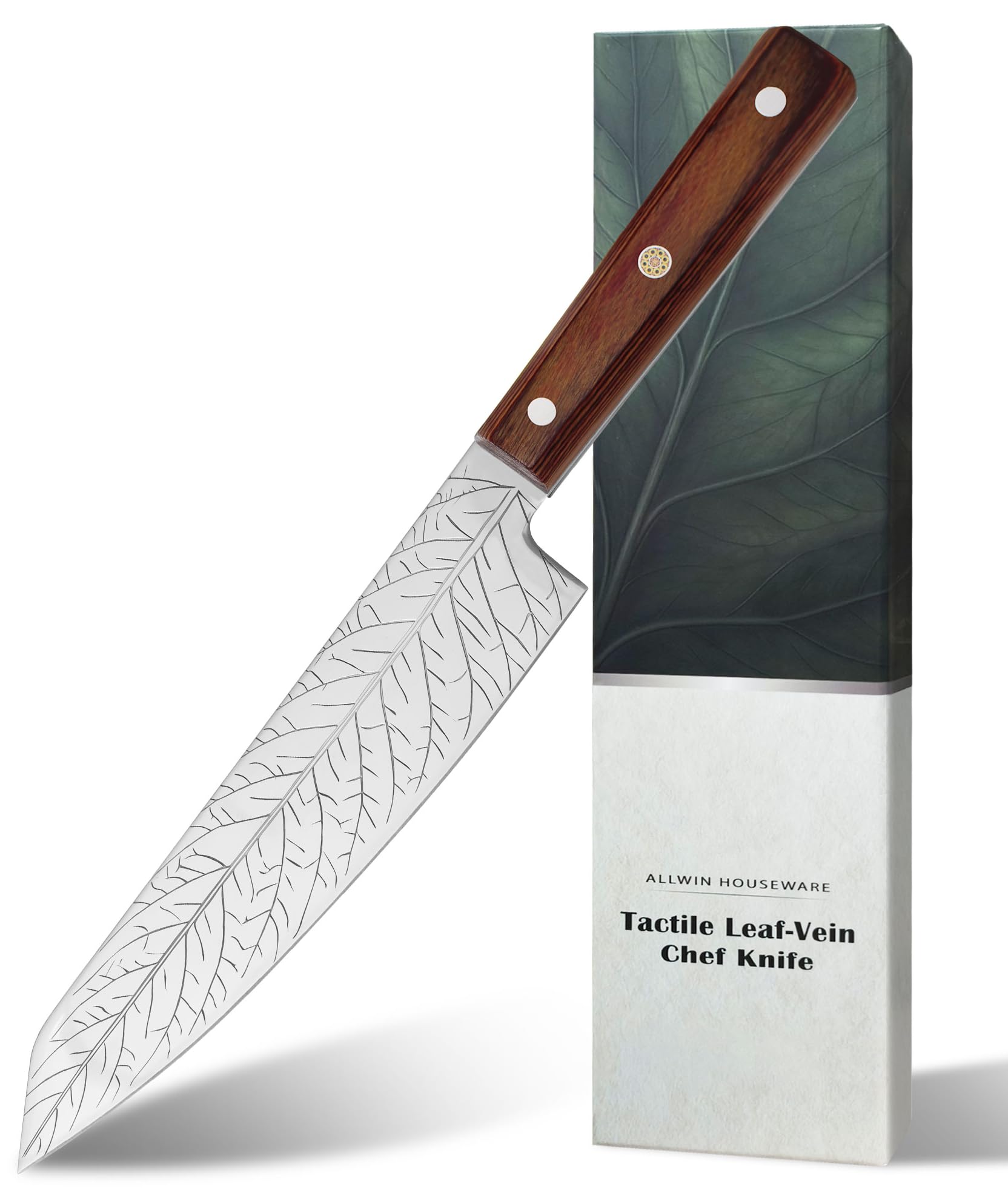 8-Inch Leaf‑etched Chef Knife –ALLWIN HOUSEWARE Deep Electro‑etched Leaf Pattern with 3D Air‑Pocket Design, Premium Stainless Steel Blade & Ergonomic Wood Handle for Kitchen Cooking Gift Grey — Amazon image 10
