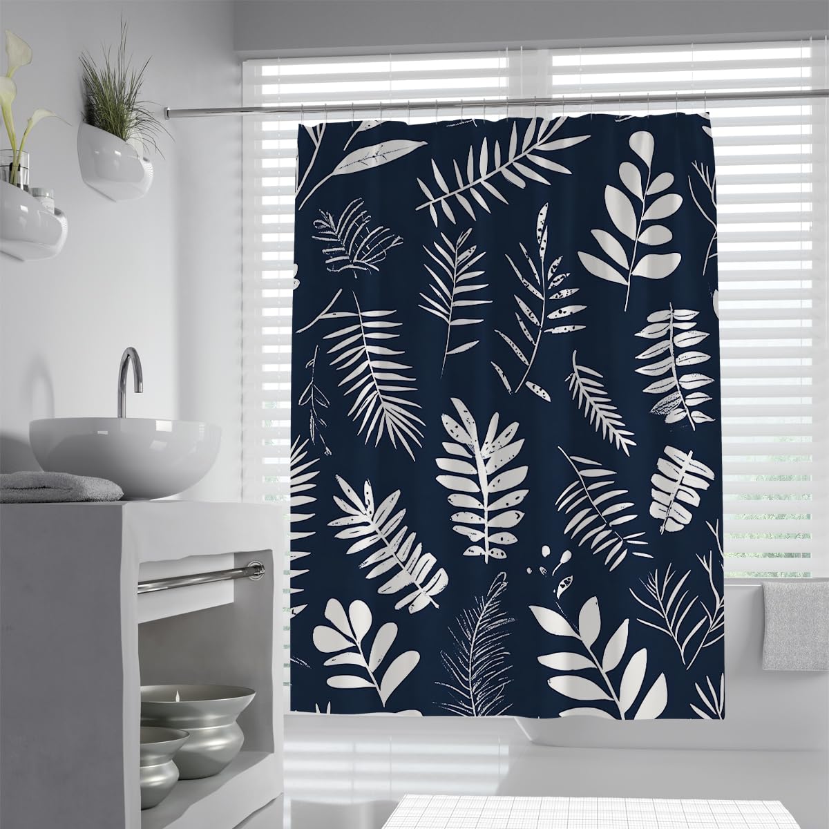 UIRINGART Modern Nordic Botanical Shower Curtain W200xL240cm Dark Blue White Palm Leaf Design Anti Mould Quick Dry Shower Screen Bath Decoration With Hooks