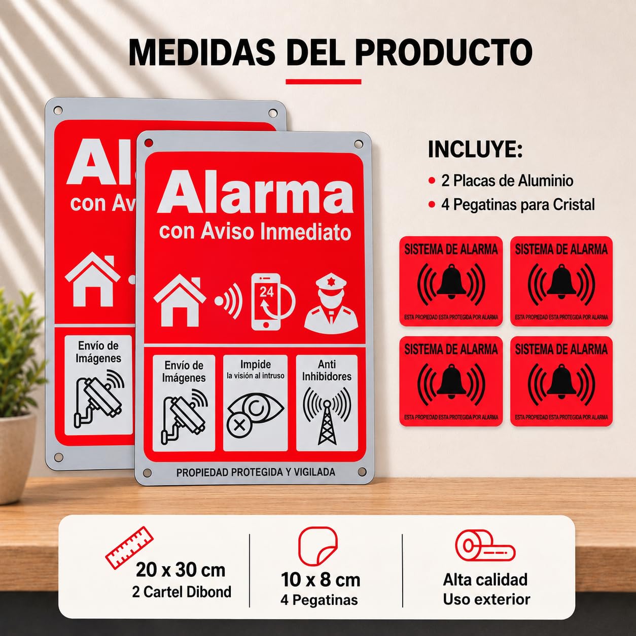 Lot de 2 panneaux d'alarme Dibond 20 x 30 cm + 4 autocollants d'alarme