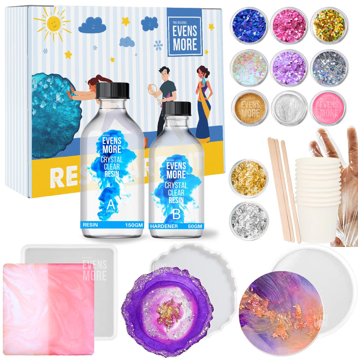EVENS MORE 40 Pcs Resin Coaster Making kit with 200Gm Crystal Clear Resin and Glitter Round and Agate Mould (Coaster Kit)