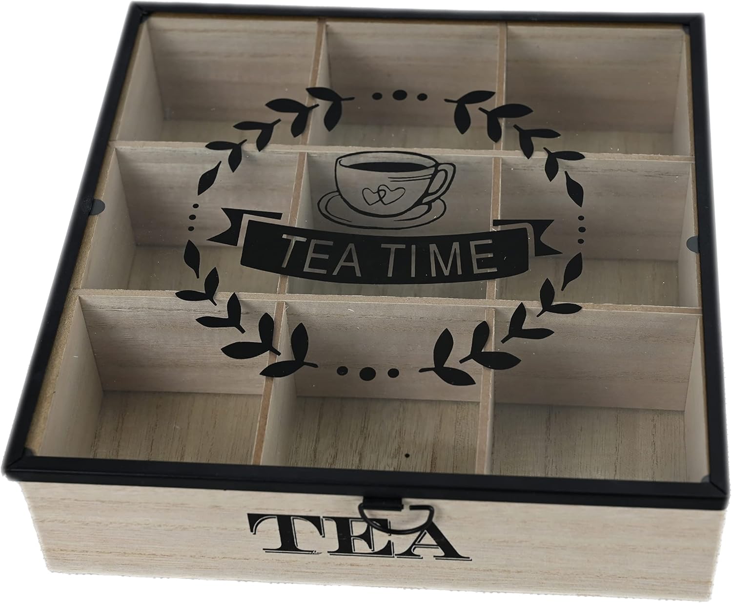 Black and Wood Tea Box, Natural Wood 9 Compartment Tea Bag Storage