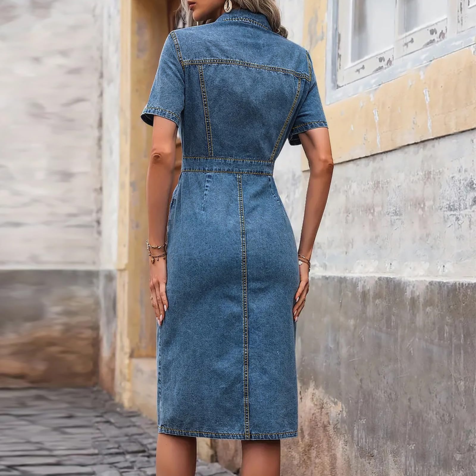 Generico Abito Bodycon in Denim Midi per Donna – Maniche Corte, Bottoni, Scollo a V, Abito Camicia Jeans con Spacco