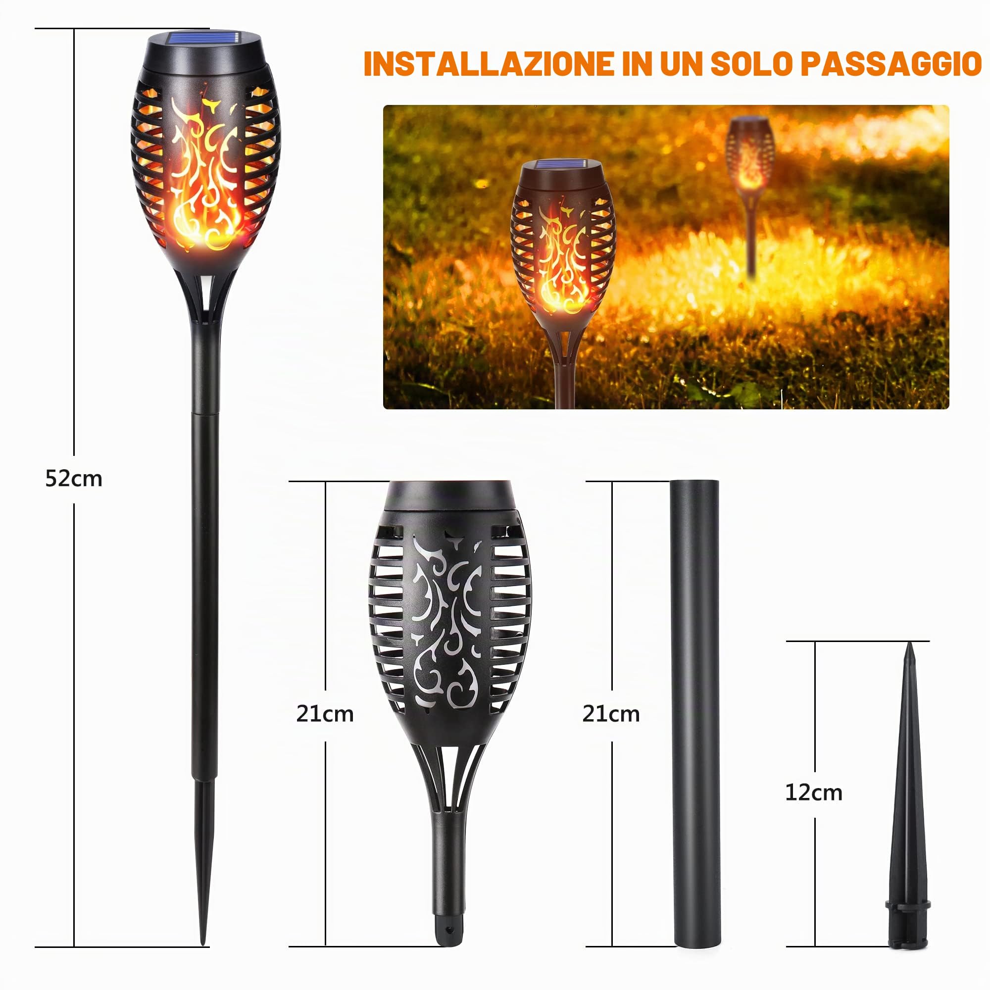 Qedertek Lampade Solari da Giardino - 6 Pezzi 12 LED Solare Torcia Luce con Effetto Fiamma, Luci Solare Esterno impermeabile IP65 Decorazione per Giardino, Cortile, Vialetto, Prato, Patio, Corridoio