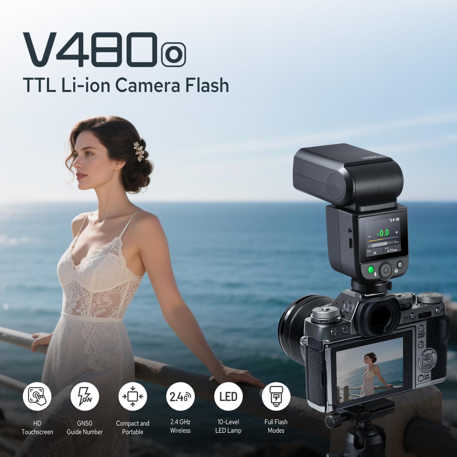 Godox V480-O Flash für Olympus Panasonic, GN50 High Output, Touchscreen-Steuerung, USB-C-Laden, 1,7 s Schnelle Recyclingzeit, 650 Vollstärke-Blitze, 2.4G X Wireless 1/8000s HSS TTL Flash Speedlite