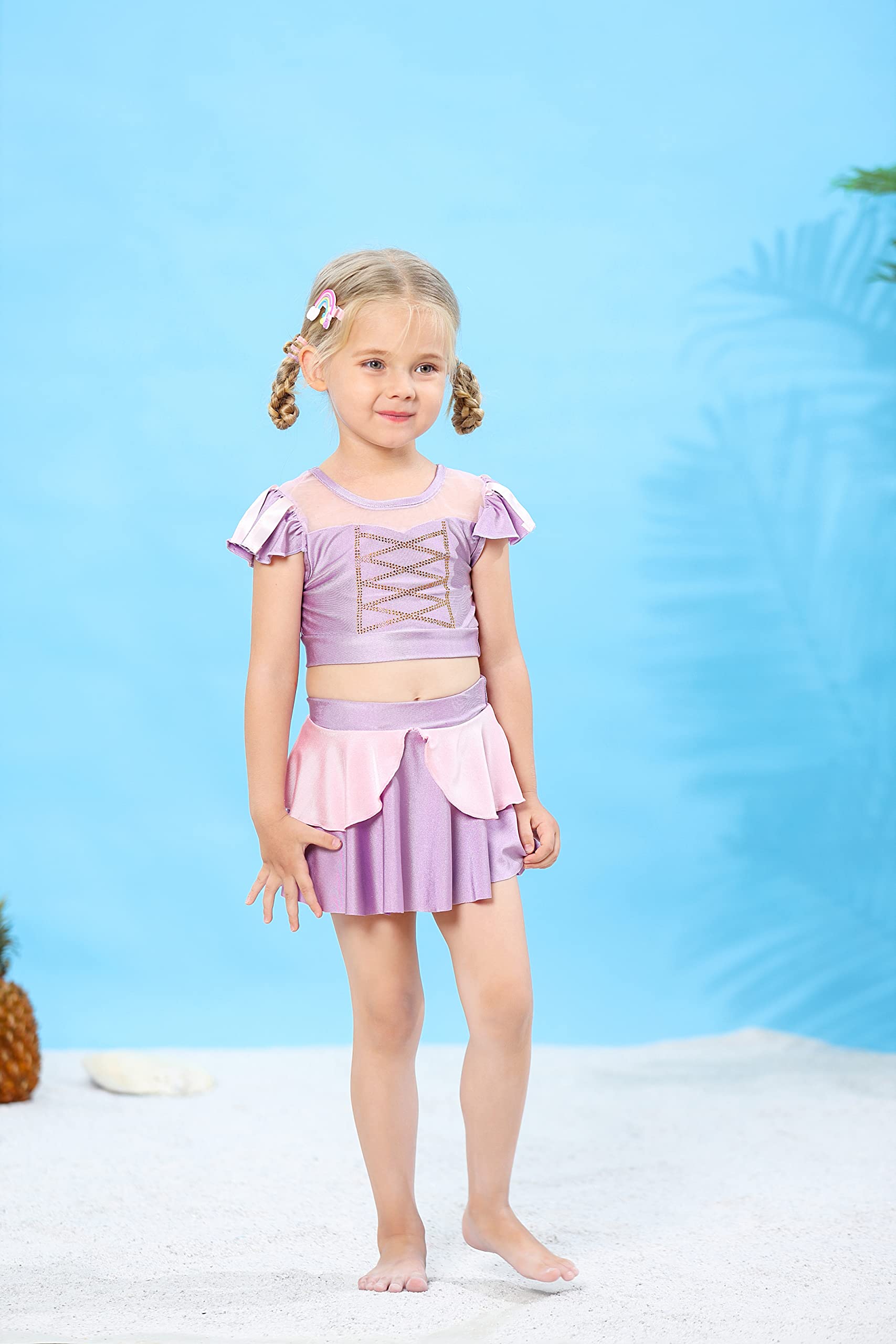 WonderBabe Traje de baño de princesa de dos piezas para niñas, trajes de baño con volantes, traje de baño elegante, surf, playa, verano, natación, tankini