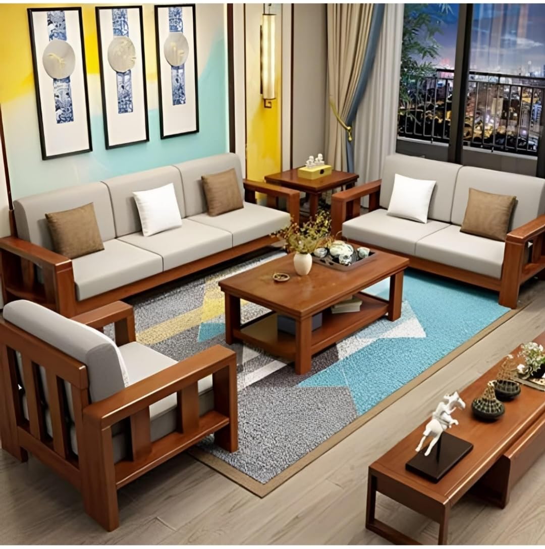 AS Furniture Solid Sheesham Wood 6 Seater Sofa Set for Living Room Wooden Sofa Set for Living Room Furniture 3+2+1 (Standard, Natural Teak Finish)