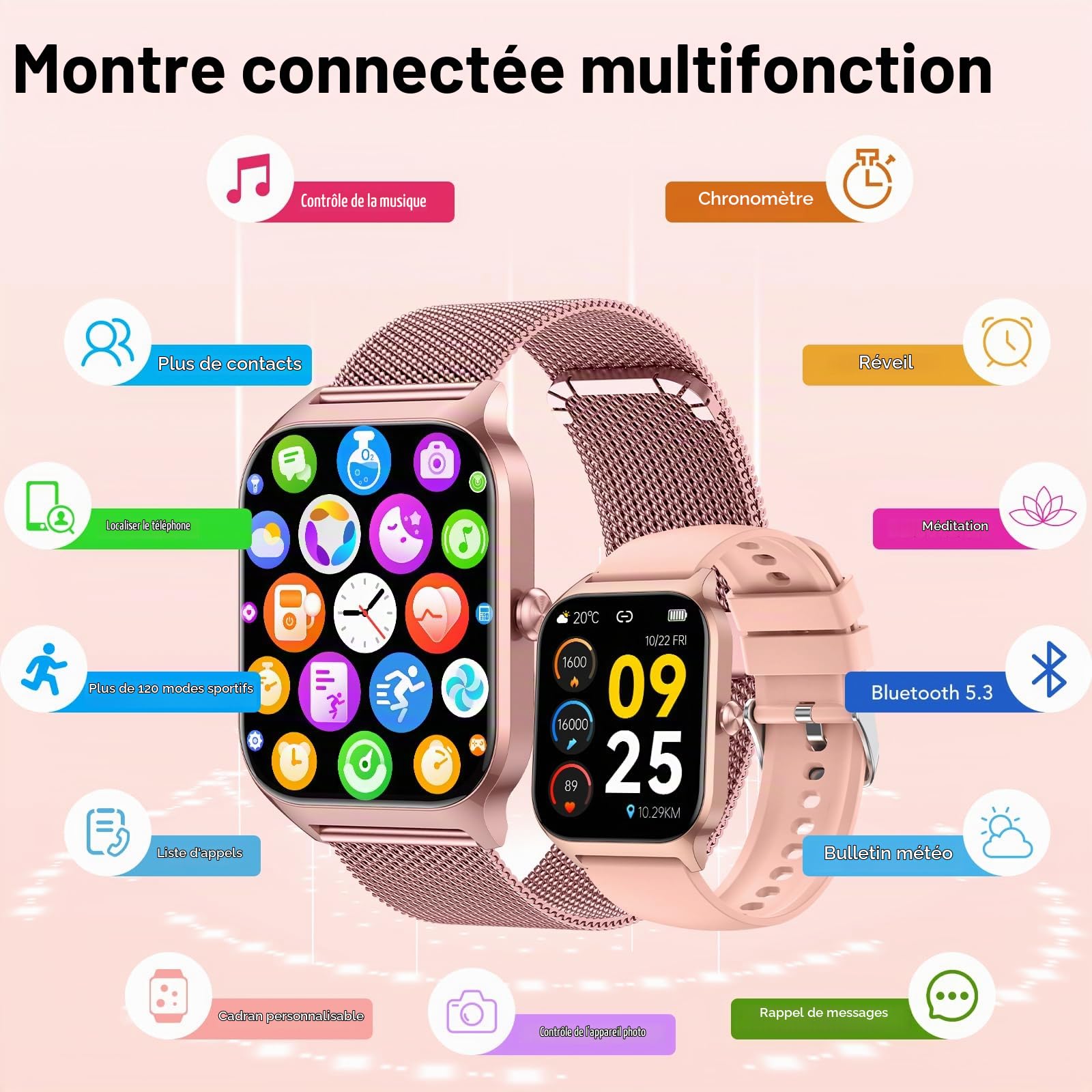 Montre Connectée Femme avec Appel Bluetooth, 1.85" HD Fitness Tracker Smart Watch, 120+ Modes Sportifs, Sport Smartwatch avec Podometre Moniteur de Sommeil Fréquence Cardiaque SpO2 pour Android iOS