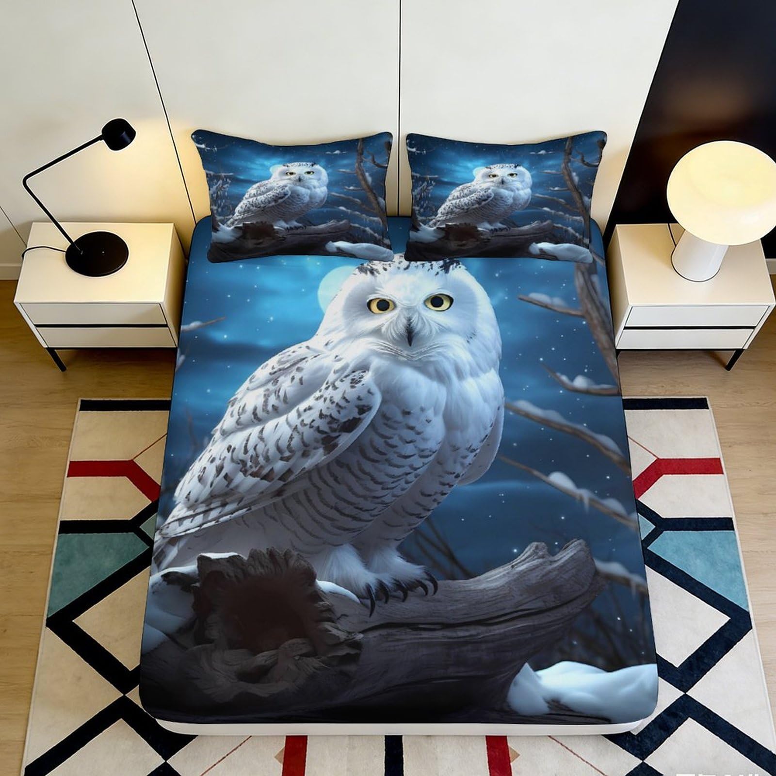 3D Printed Snowy Owl Fitted Sheet Microfiber Soft Breathable Night Forest Mattress Cover for Bedroom Dorm Decor 90x200x25cm
