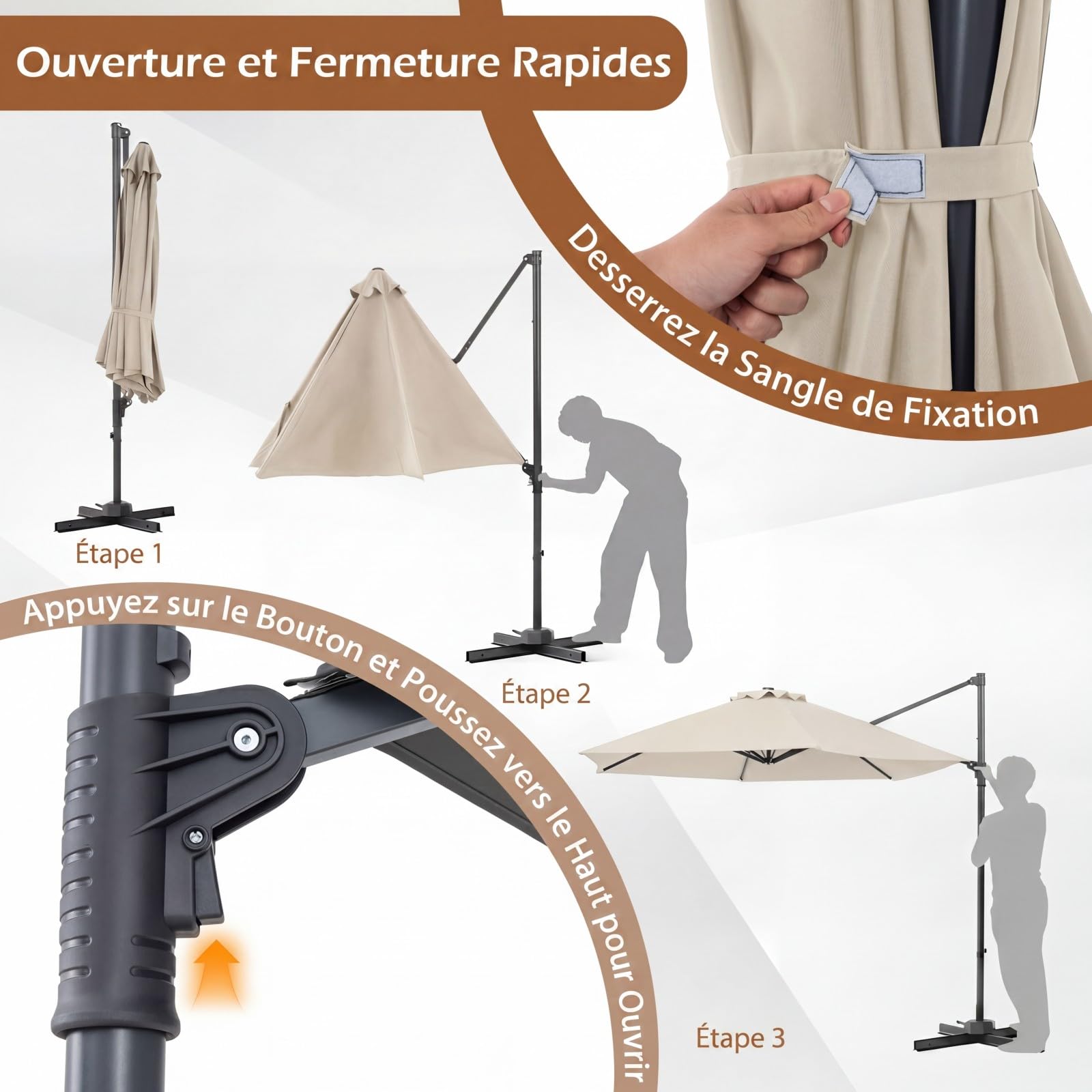 COSTWAY Parasol de Jardin Extérieur, Parasol Déporté Hexagonale avec Rotation 360° Réglable, Socle en Croix, Amovible, Support Métallique, Protection Solaire, pour Balcon, Patio, Terrasse (Beige)