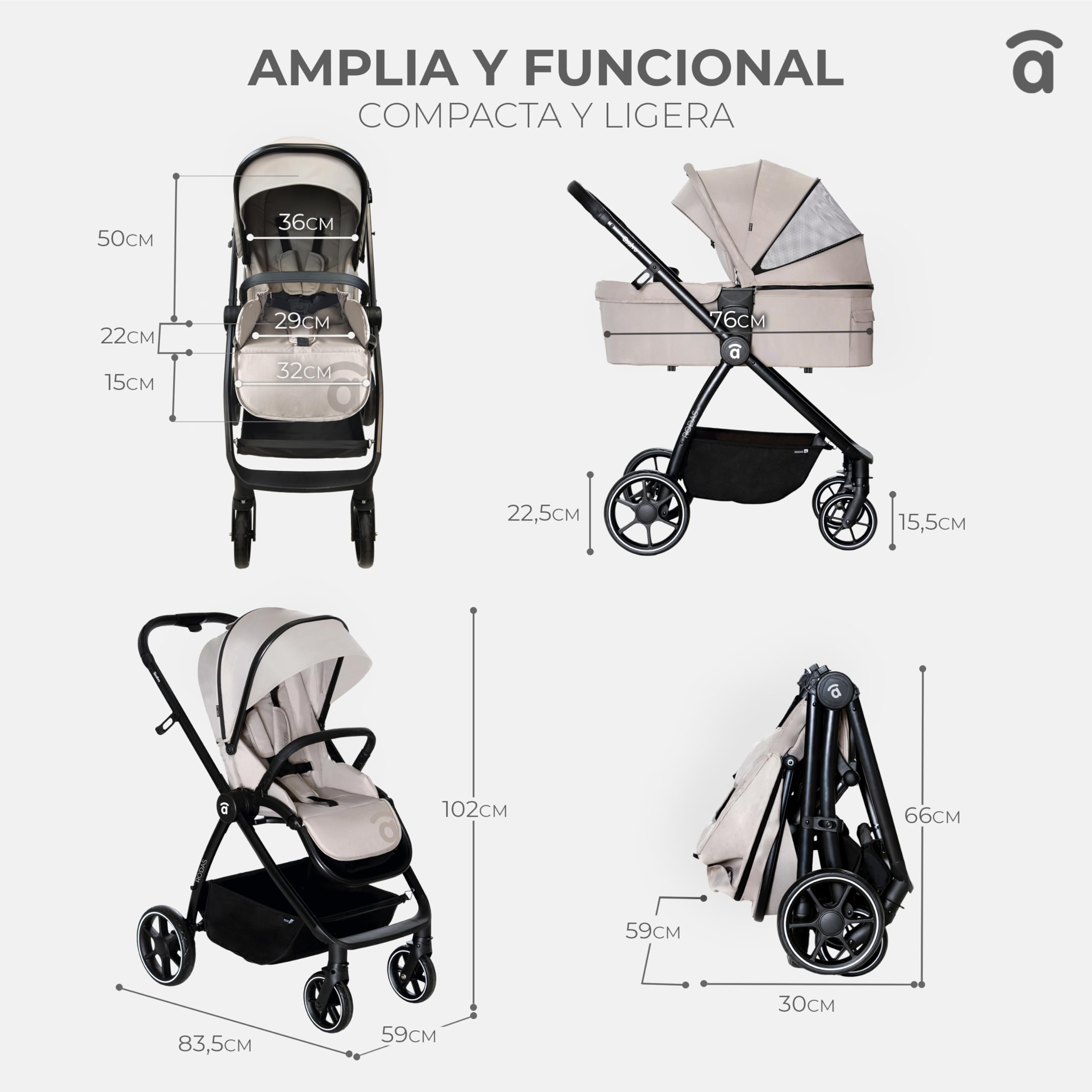 Asalvo RODAS Trío Convertible, 3 en 1, Silla de Paseo, Carrito de bebé, Silla de Auto, Confortable, Segura, Capota extensible, Suspensión en las Ruedas, Freno trasero, Carga Máxima 23 kg, Negro