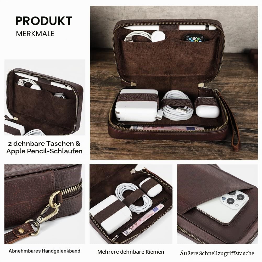 CONTACT'S FAMILY Kabel Organizer Tasche, Kabeltasche Organizer Leder, Tech Essentials Elektronischer Organizer, Tech Pouch, Tasche für Maus, Ladegeräte, Kabel