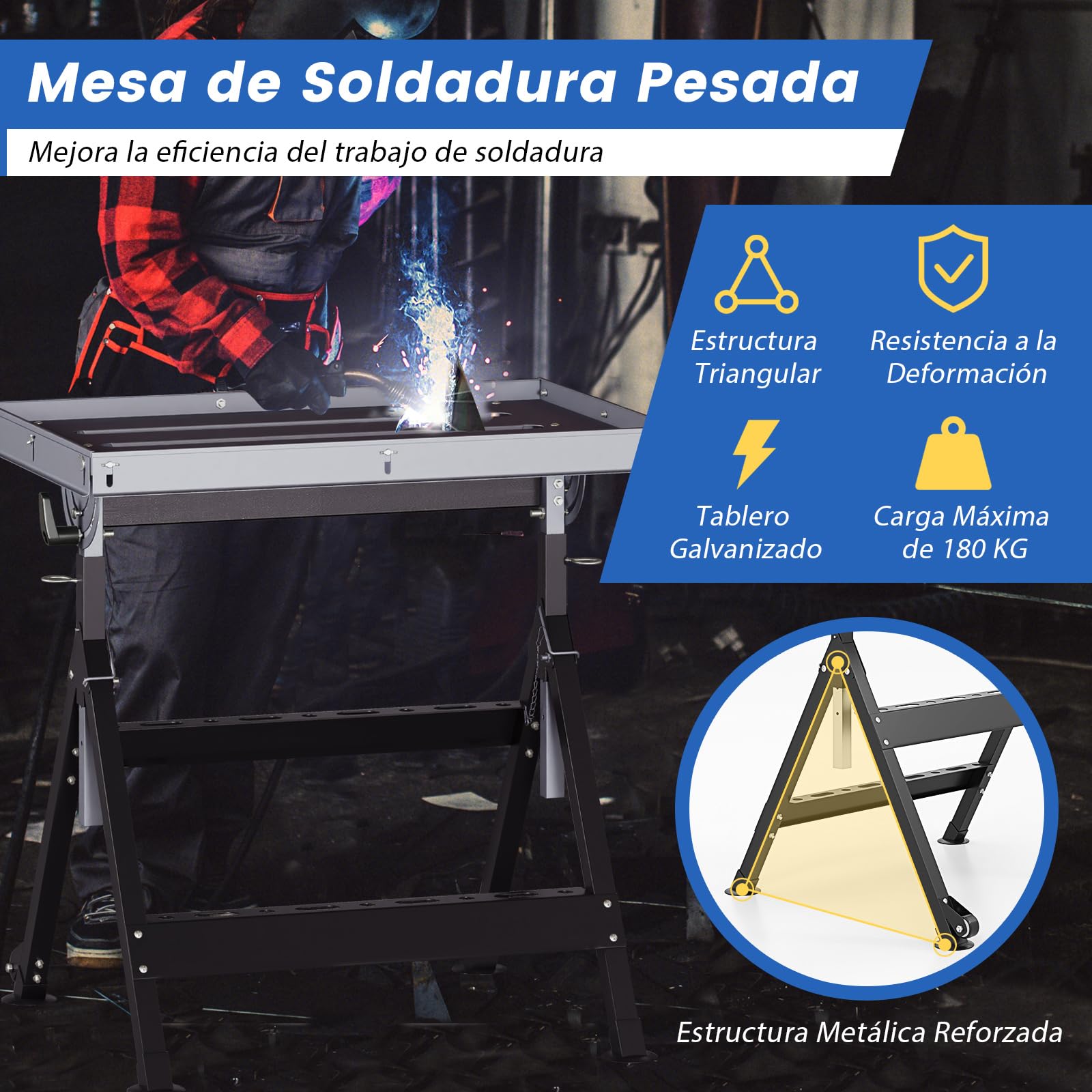 GOPLUS Mesa de Soldadura Ajustable, Banco de Trabajo Plegable con Ruedas, Inclinable y Regulable en Altura, Mesa de Trabajo Pesaza con Soporte Metálico Portátil, Soporta hasta 180 kg, 78 x 51cm