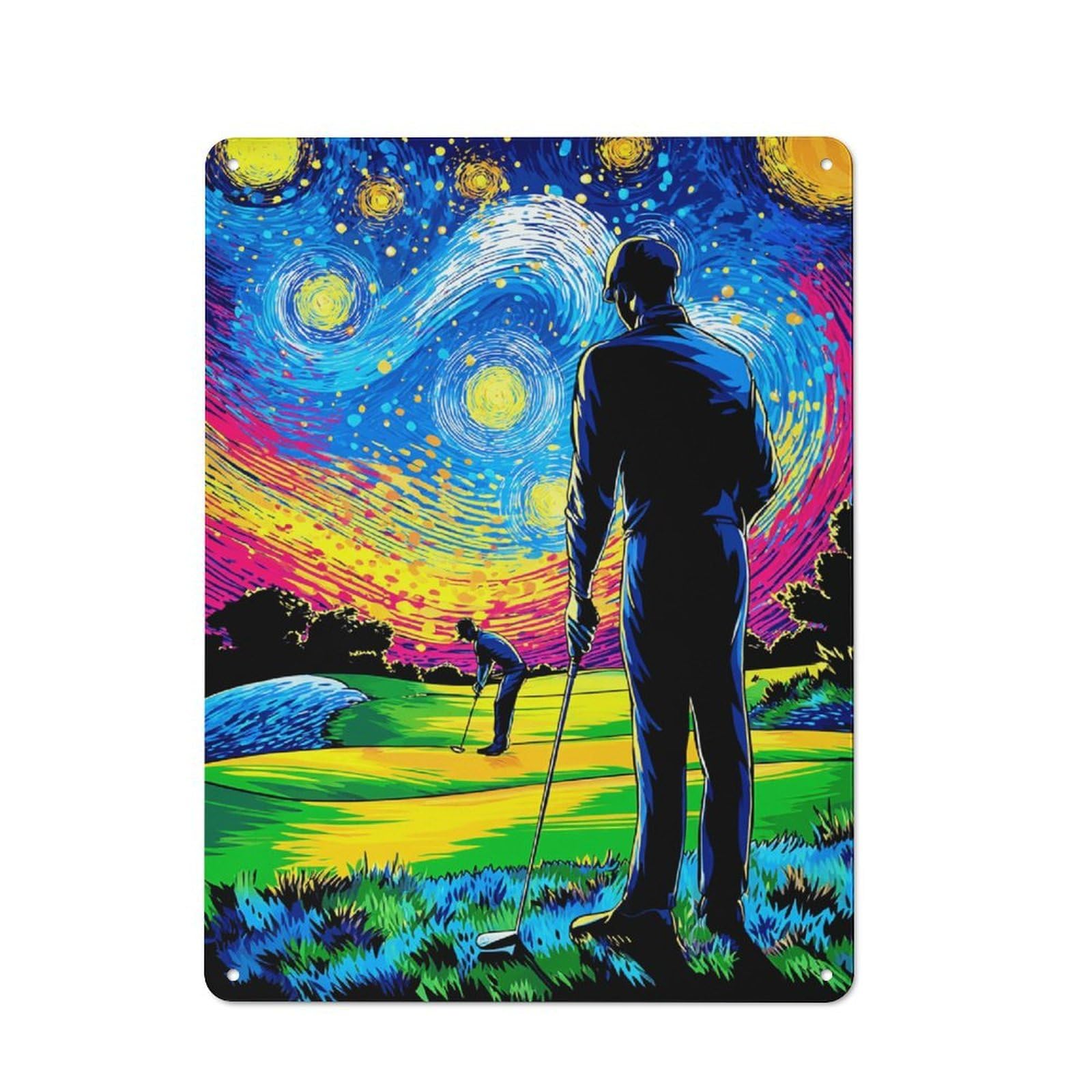Junmoney Golf Under The Starry Sky Metal Wall Sign With Design 40X30cm, Loft Style Studio Wall Art For Flat, Bar, Studio Or Gallery Wall