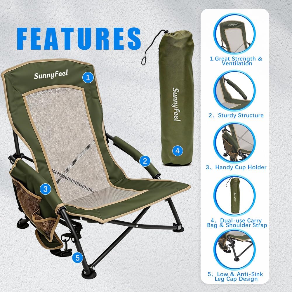 SunnyFeel Low Folding Beach Camping Chair 2 Pack, Portable Backpacking Chairs with Mesh Back,Cup Holder, Compact & Heavy Duty for Adults 300 LBS for Outdoor Picnic Fishing Concert Sand Lawn (2pcGreen)