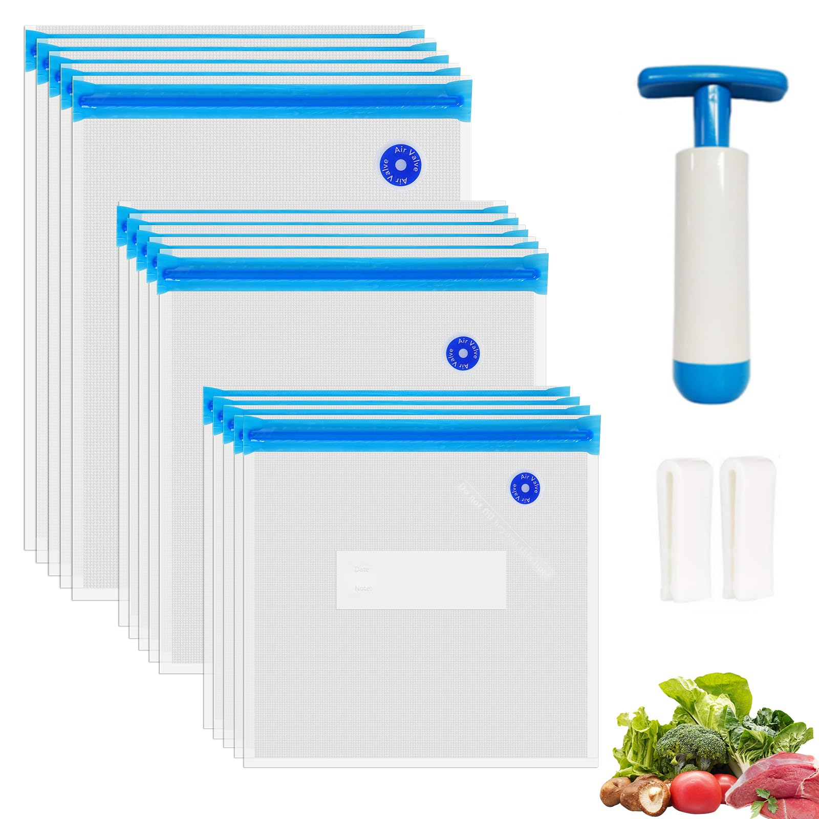 Sous Vide Bags 15 pcs Reusable Vacuum Sealer Bags Zip Lock bag for Food Storage and Cooking BPA Free with Pump and 2 Sealing Clips