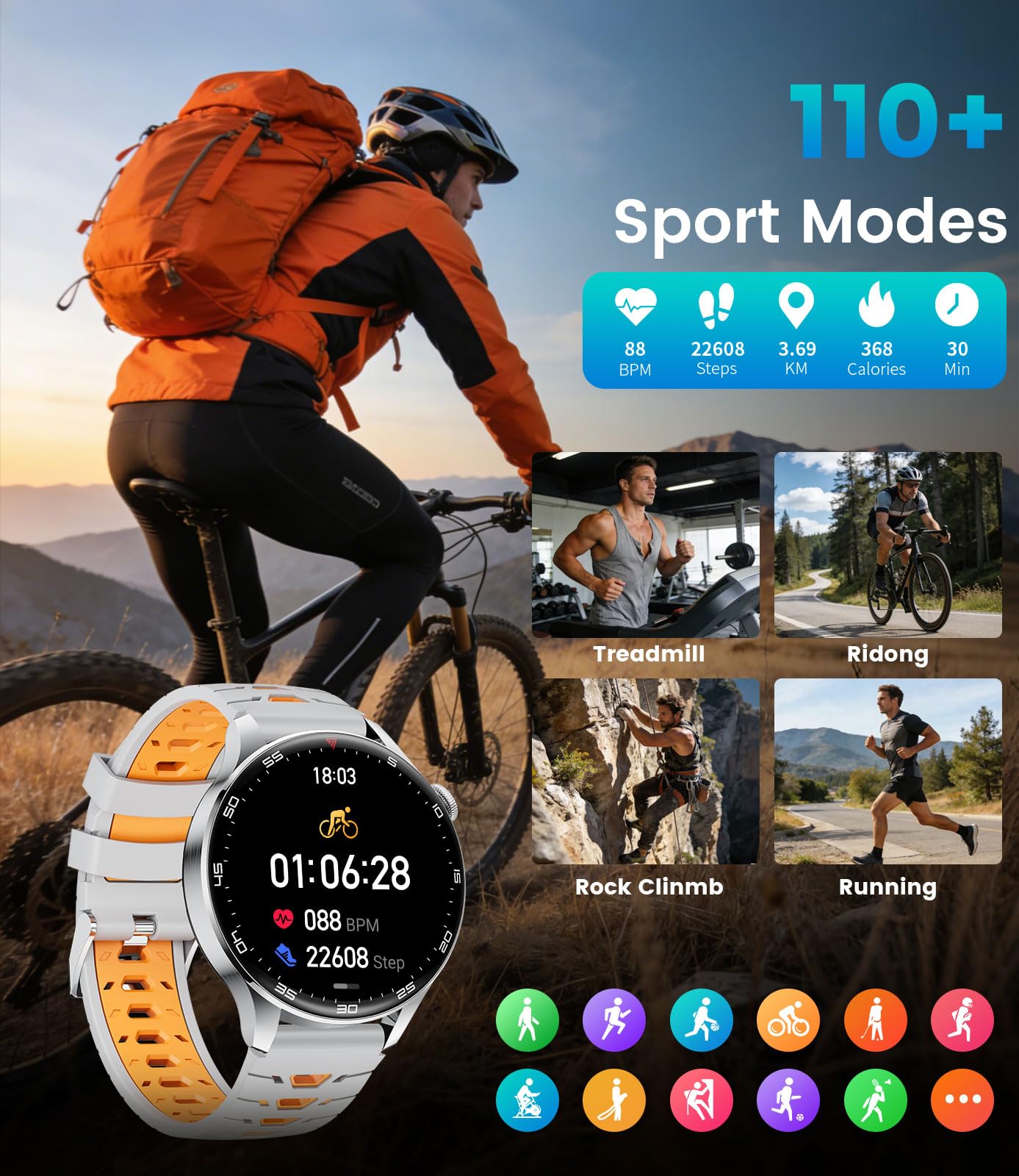 Reloj Inteligente Hombre, LIamadas Bluetooth, 1,7"Grande Smartwatch Hombre con Linterna LED/800 mAh/IP68, 100+ Modos Deportivos, Monitor de Frecuencia Cardíaca y Sueño, Android e iOS, Plateada