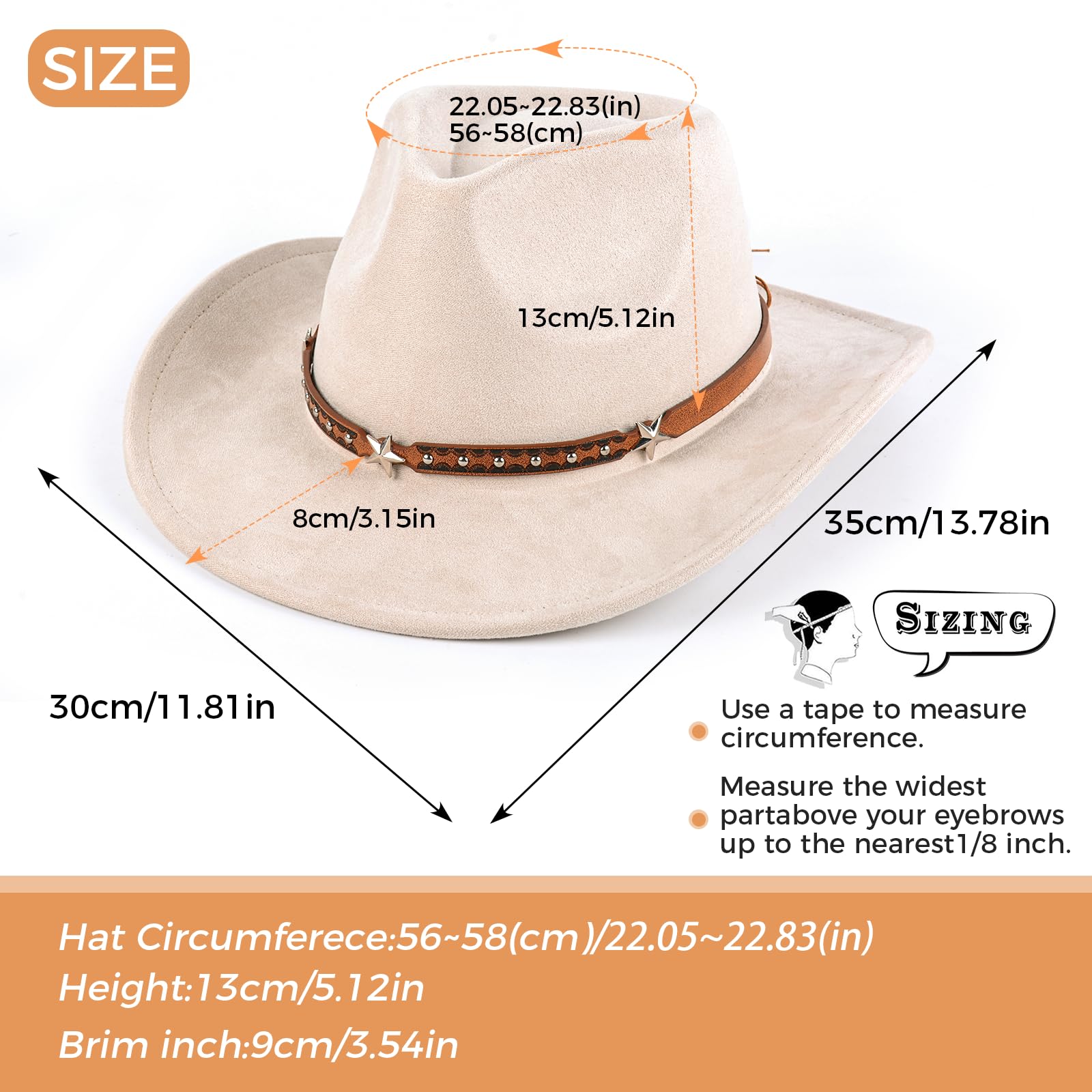 Cappello da cowboy per donne e uomini, a tesa larga, in pelle scamosciata, cappello da cowboy, tinta unita, per feste in denim e attività all'aperto, bianco