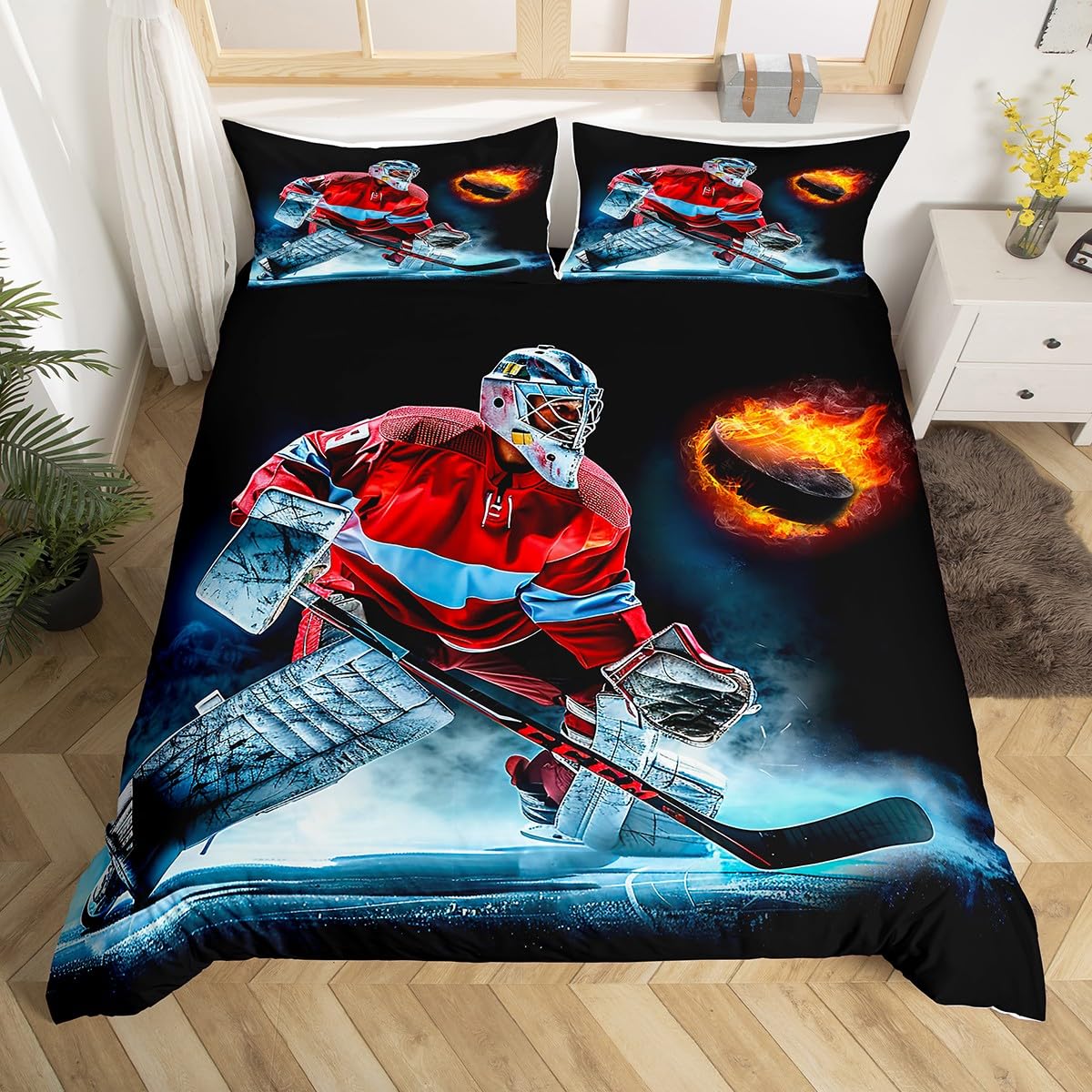 Manfei Hockey Bedding Set 3pcs for Kids Boys Teens Ice Hockey Sports Comforter Cover Burning Hockey Puck Ball Decor Duvet Cover Soft Polyester Quilt Cover with 2 Pillow Cases(No Comforter) Full Size