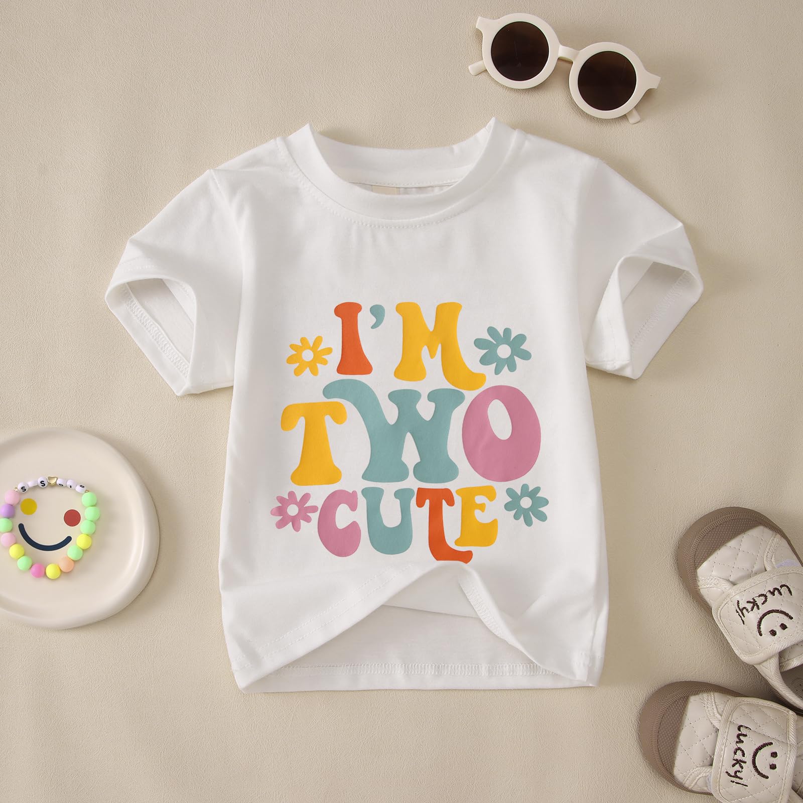 T-shirt 2ème anniversaire pour fille « I'm Two Cute » Imprimante Chemise Deuxième Anniversaire Chemises Fête d'anniversaire Vêtements Été Manches Courtes Haut Doux Col Rond T-shirt 2 Ans Enfants Outfi