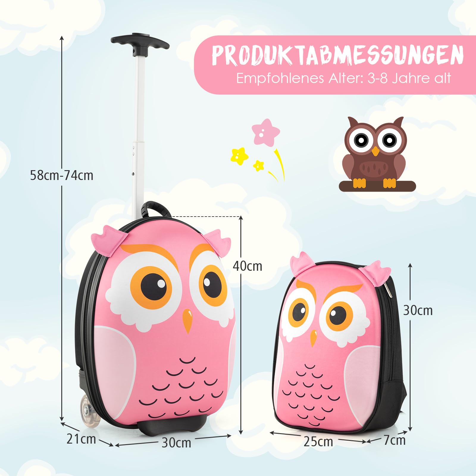 GOPLUS 2 TLG. Kinderkoffer mit Rucksack Kinder Reisekoffer Set Kinder Trolley Kinder Gepäck (Eule)
