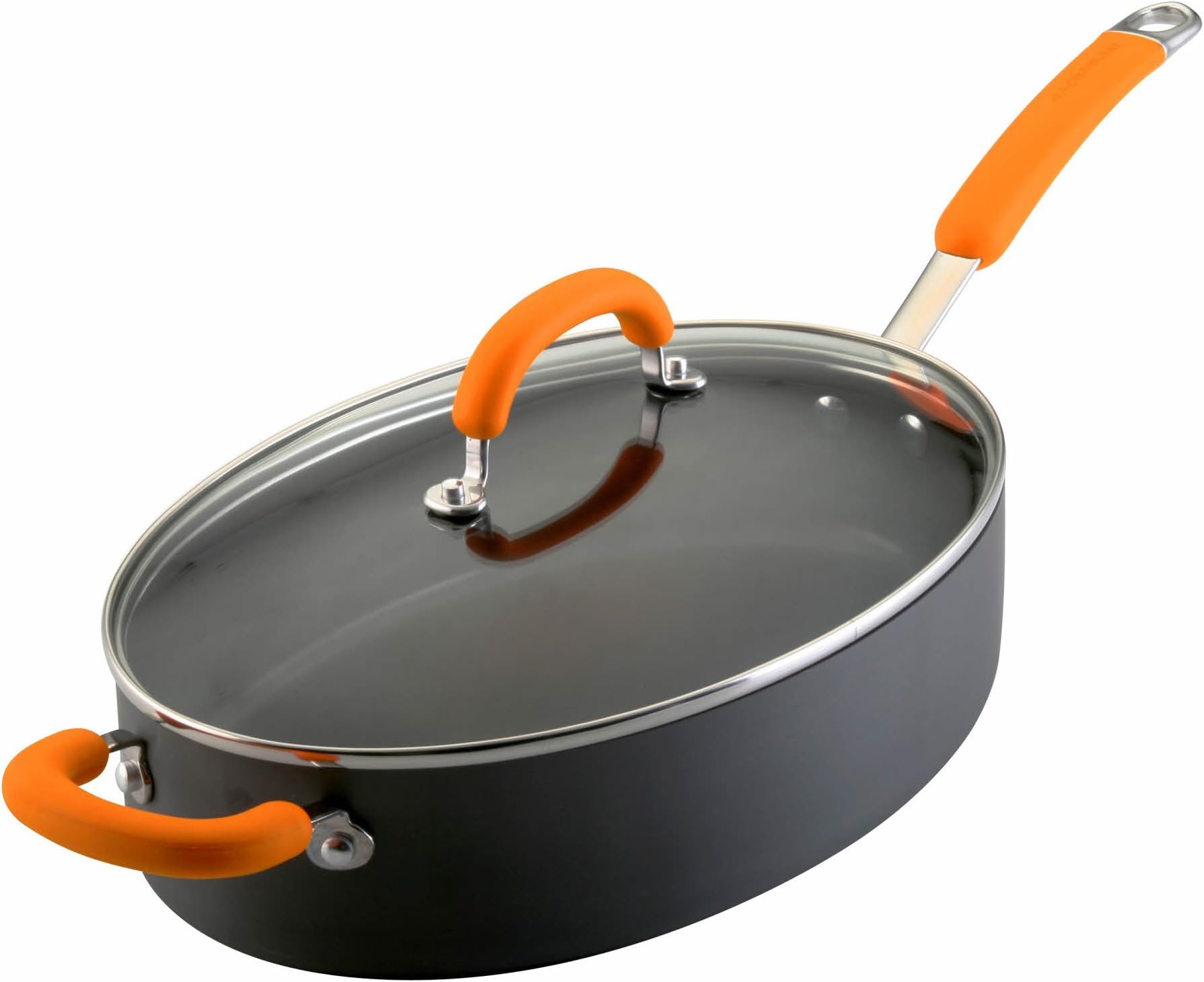 Rachael Ray Hard Anodized Nonstick 5-Quart Oval Saute Pan with Glass Lid, Orange