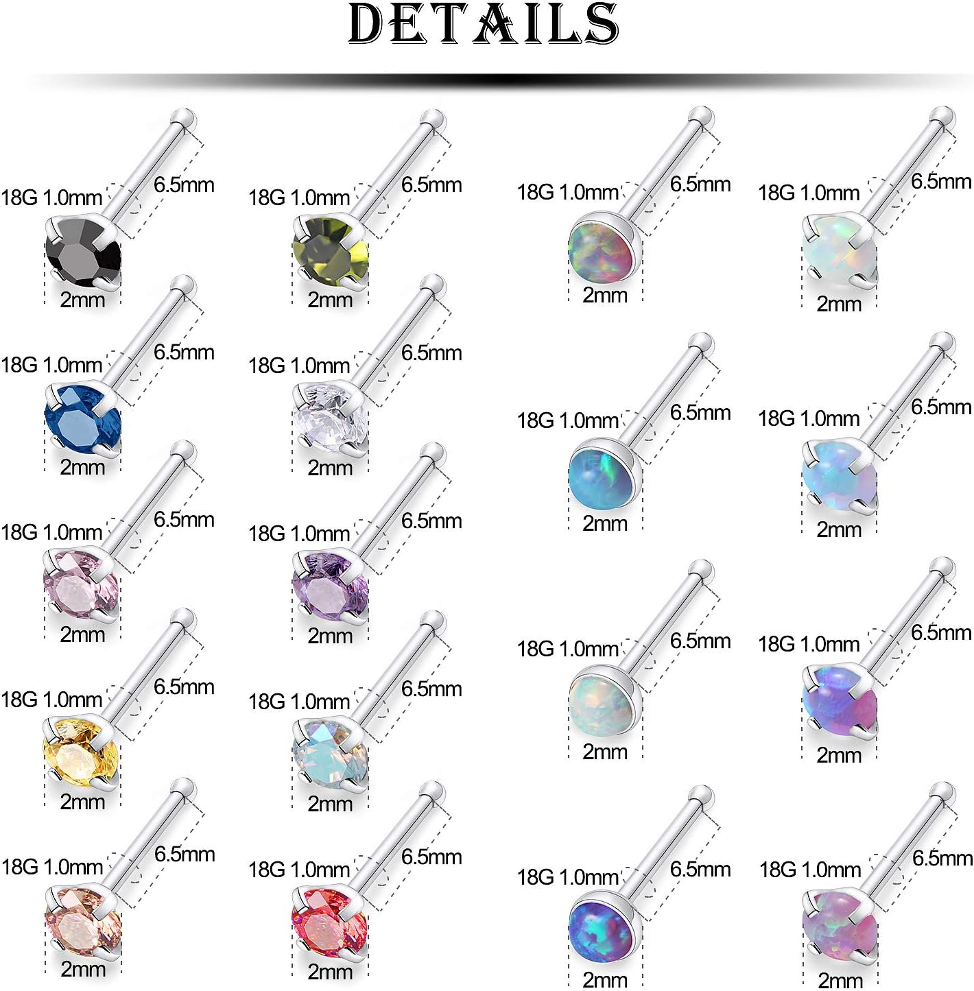 Kridzisw 18 Pcs 18G 20G 22G Nose Rings Studs Surgical Steel Nose Nostril CZ Inlaid 2MM Piercing Jewelry for Women Men - Image 3