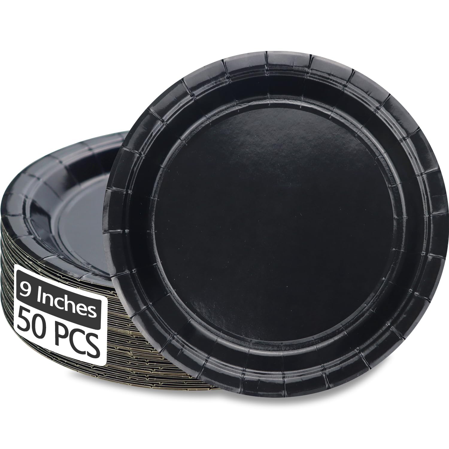 50Pcs Black Paper Plates - 9” Black Disposable Plates Round Bulk Dinner Plates for Daily Use Holiday Picnic Celebrations Birthday Party Decorations